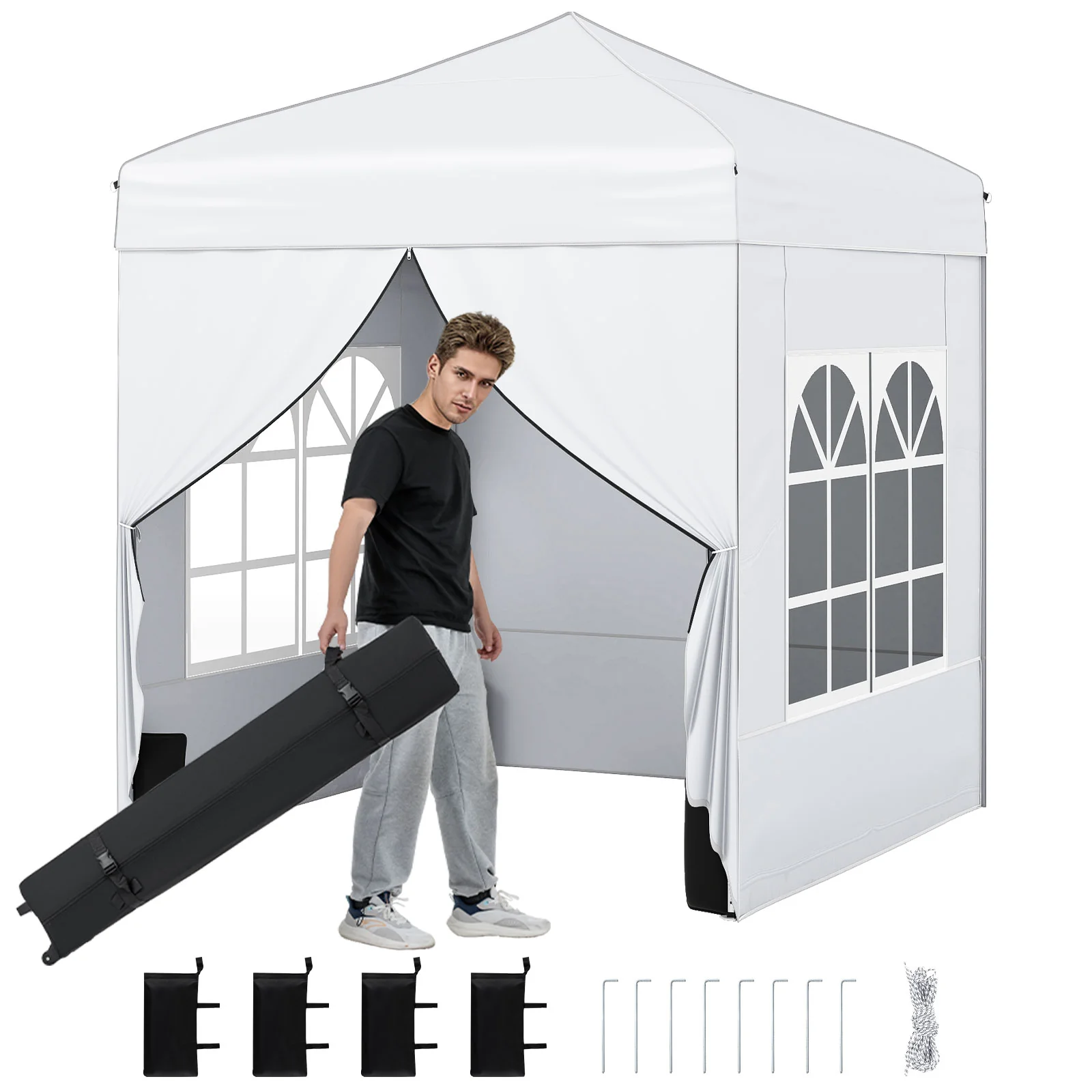 6.5 x 6.5 FT Pop up Canopy Tent with 4 Sidewalls and Wheeled Bag-white, White - Image 4