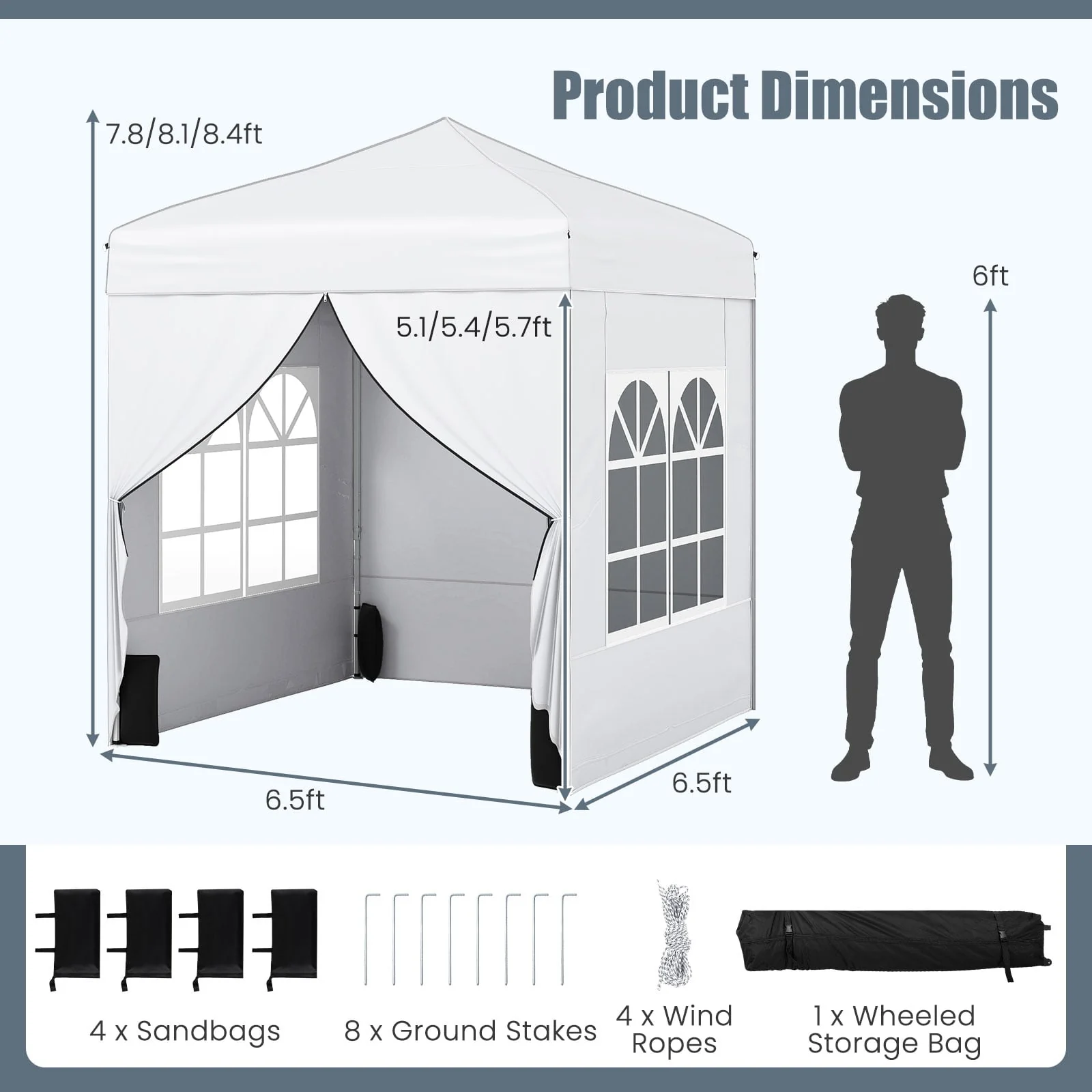 6.5 x 6.5 FT Pop up Canopy Tent with 4 Sidewalls and Wheeled Bag-white, White - Image 5