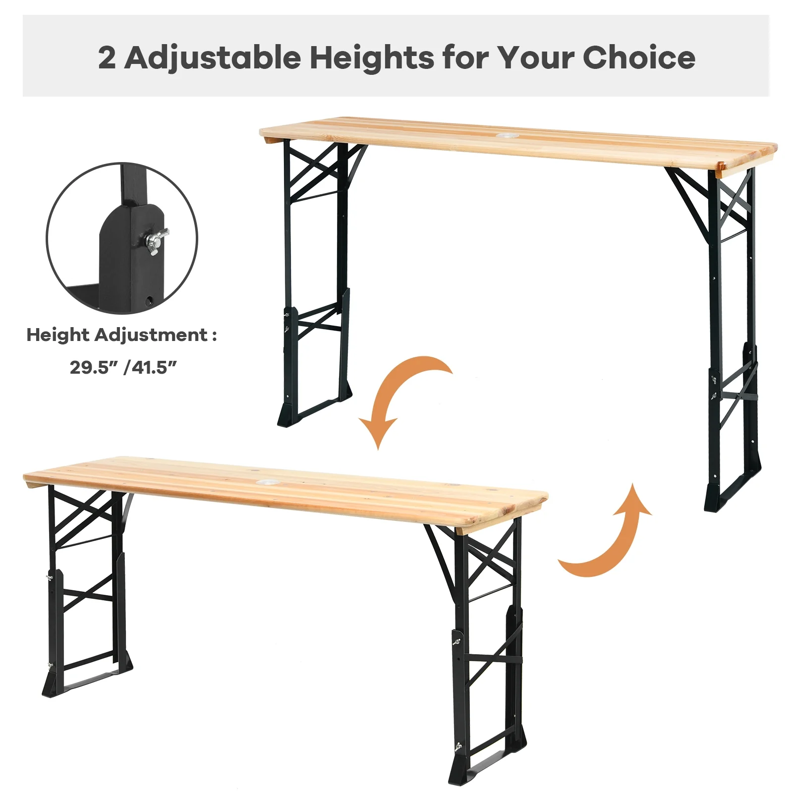 66.5 Inch Outdoor Wood Folding Picnic Table, Adjustable Height, Natural - Image 9