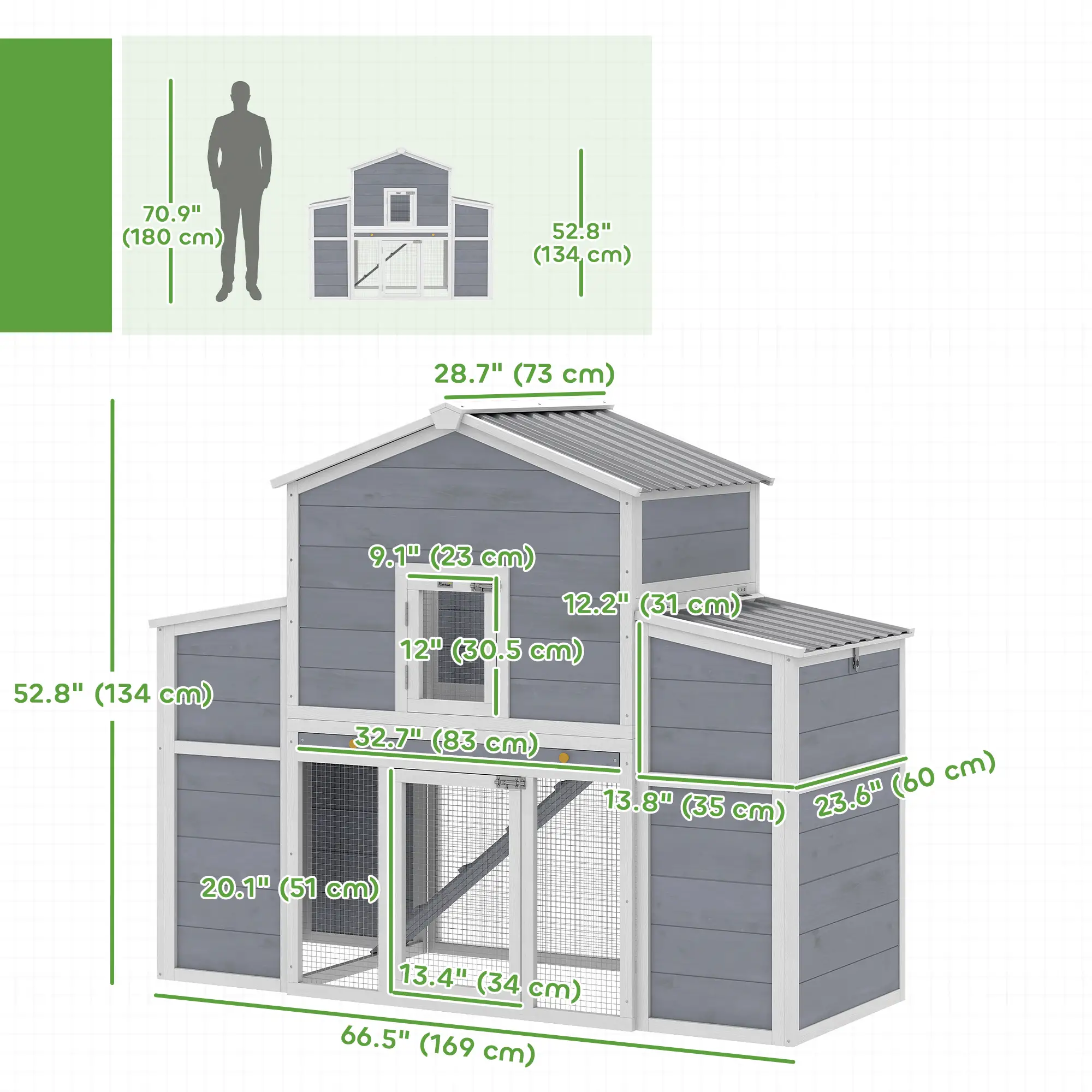 66.5" Large Chicken Coop, Wooden House, 2 Nesting Boxes, Sliding Tray, Ramp - Image 3