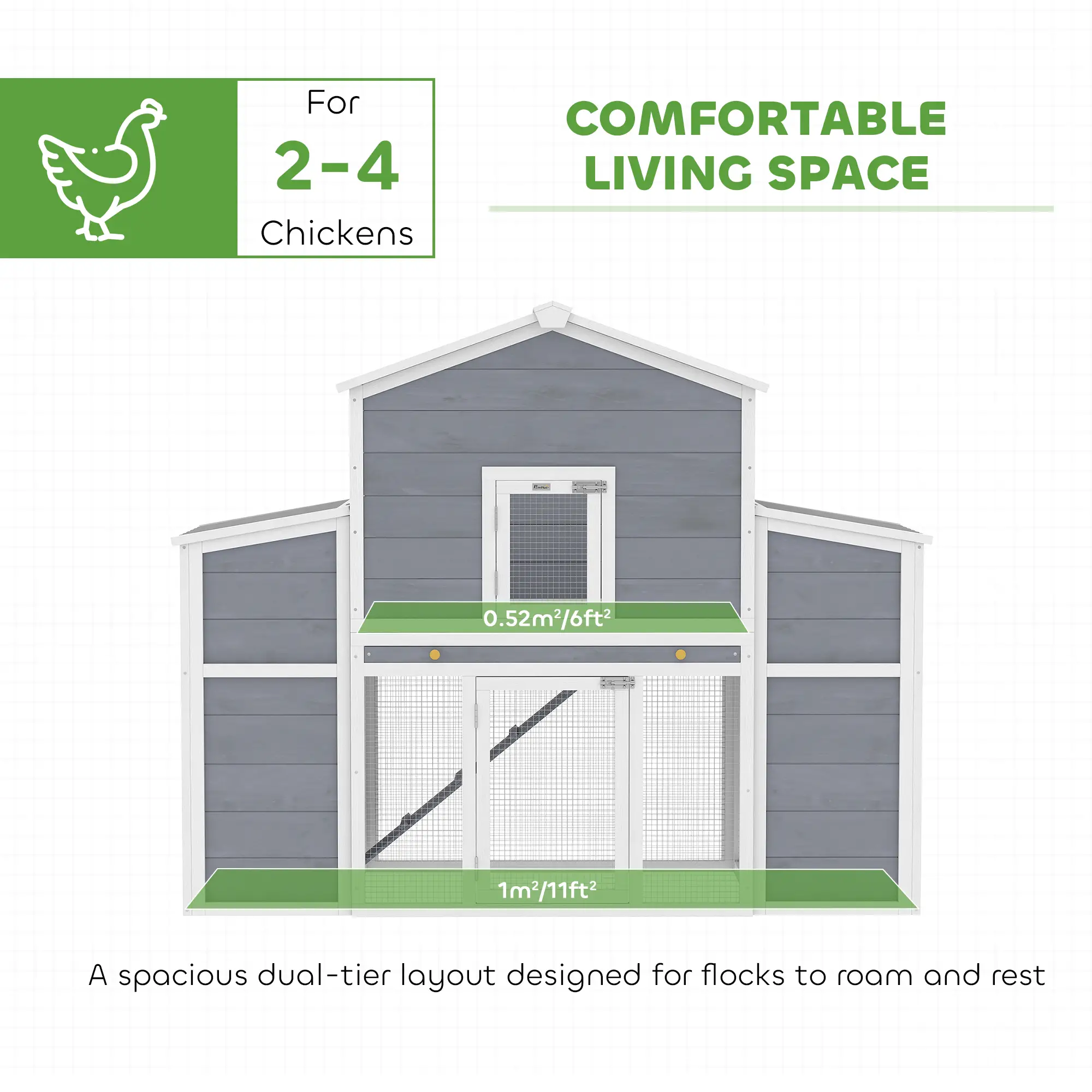 66.5" Large Chicken Coop, Wooden House, 2 Nesting Boxes, Sliding Tray, Ramp - Image 4