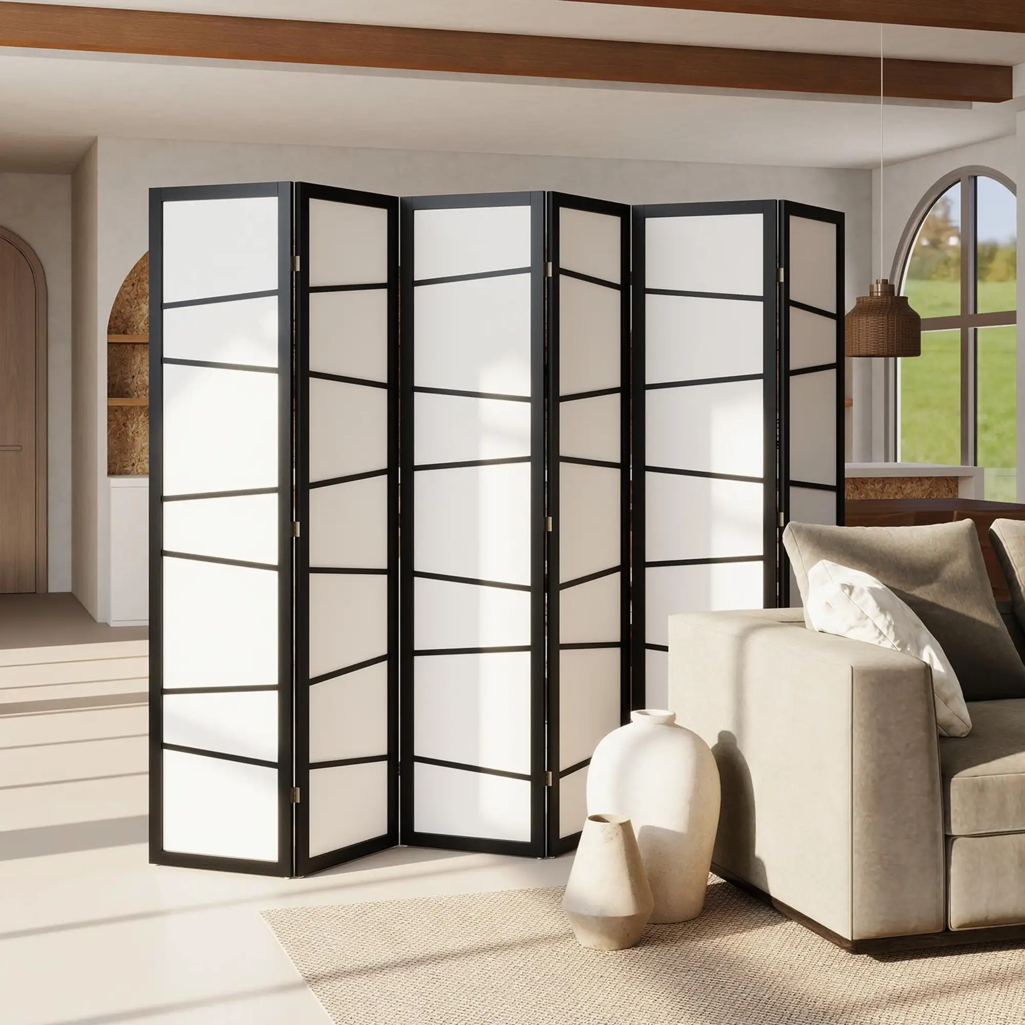 66.9" Folding Room Divider, 6 Panel Wood Frame Partition, White - Image 10
