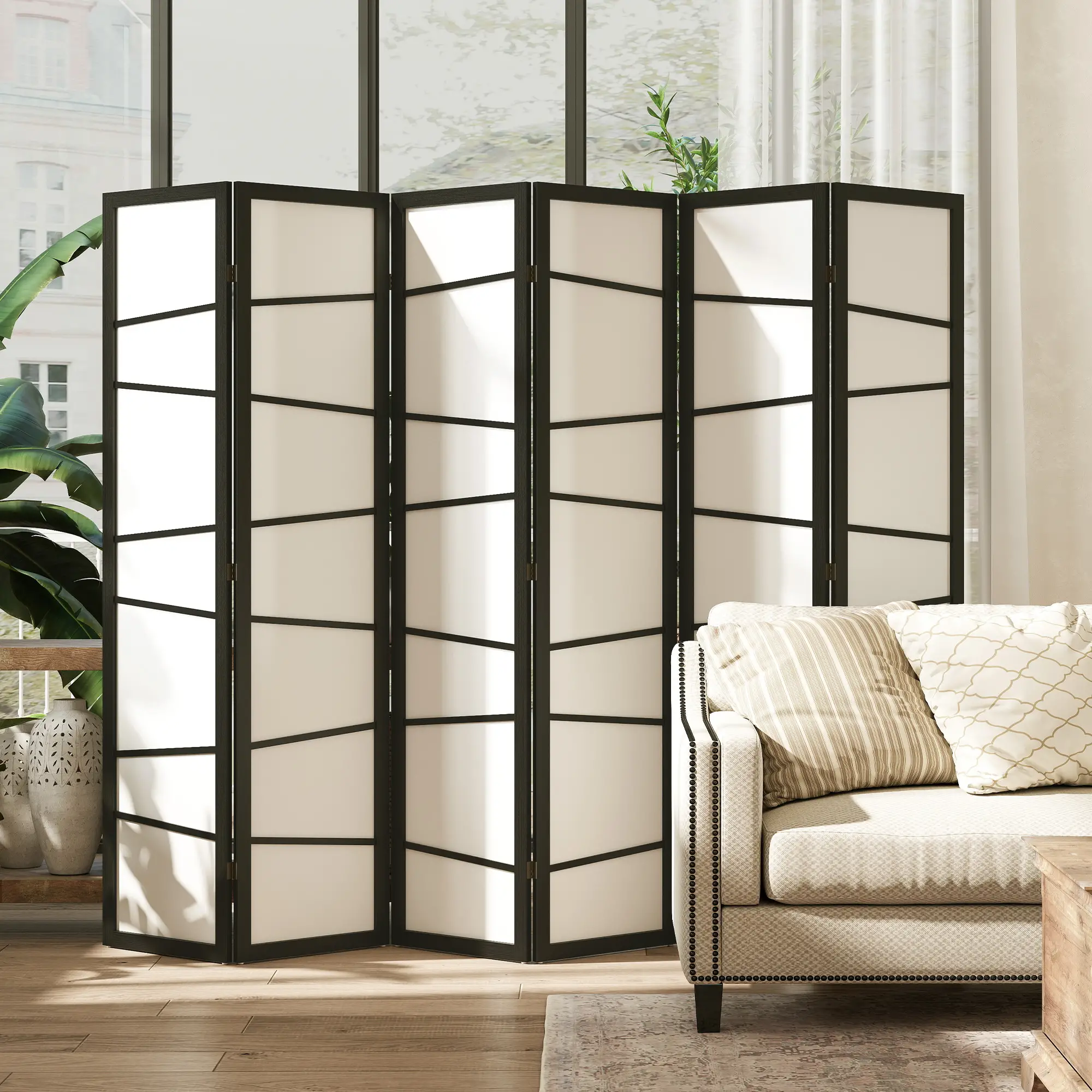 66.9" Folding Room Divider, 6 Panel Wood Frame Partition, White - Image 2