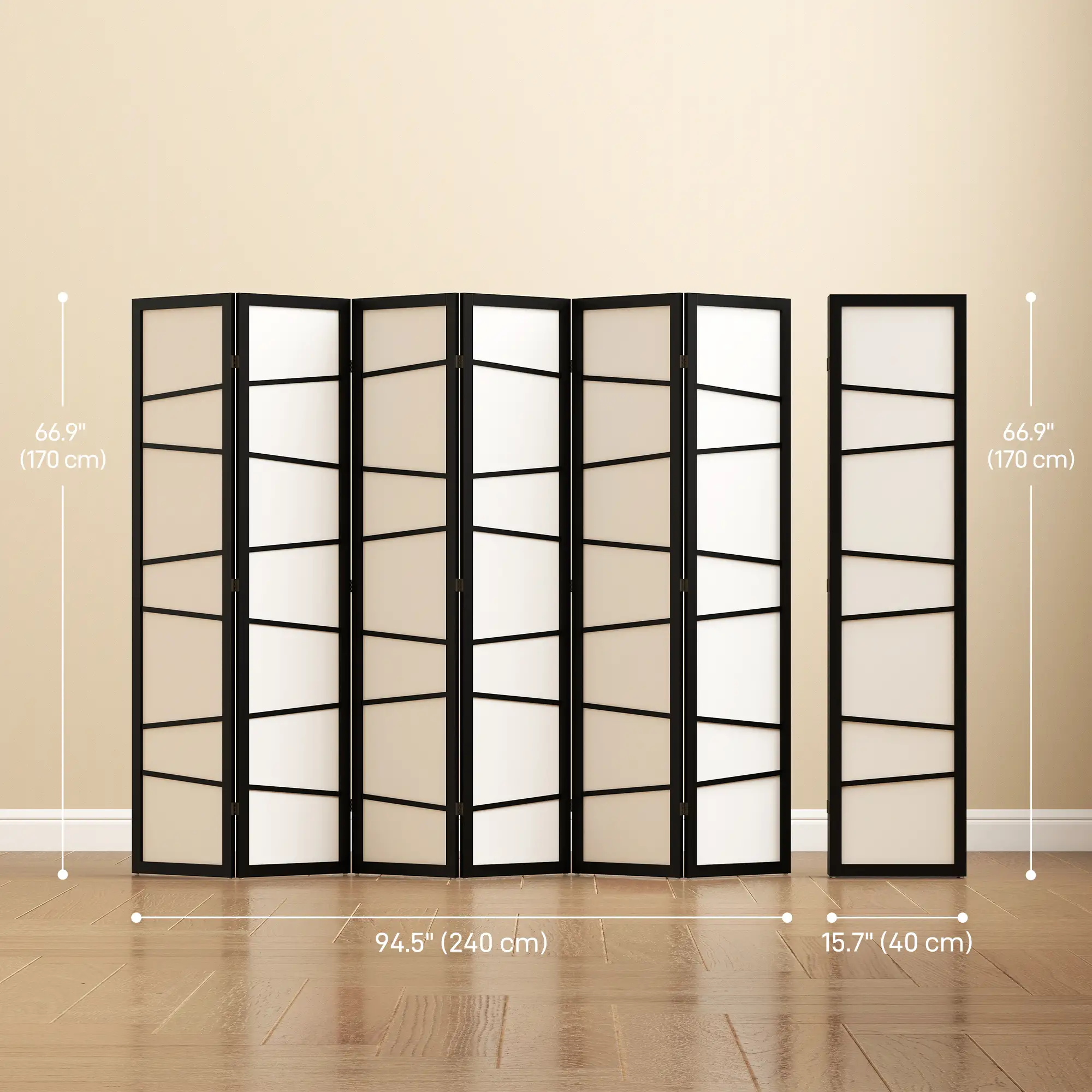 66.9" Folding Room Divider, 6 Panel Wood Frame Partition, White - Image 3
