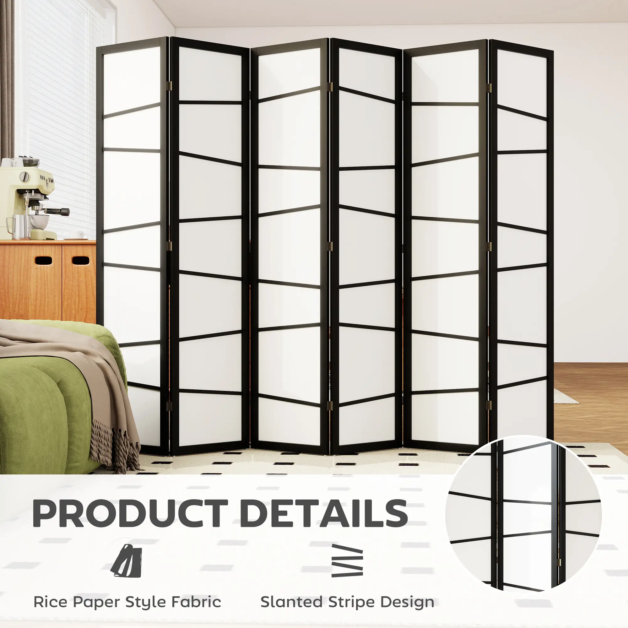 66.9" Folding Room Divider, 6 Panel Wood Frame Partition, White - Image 4