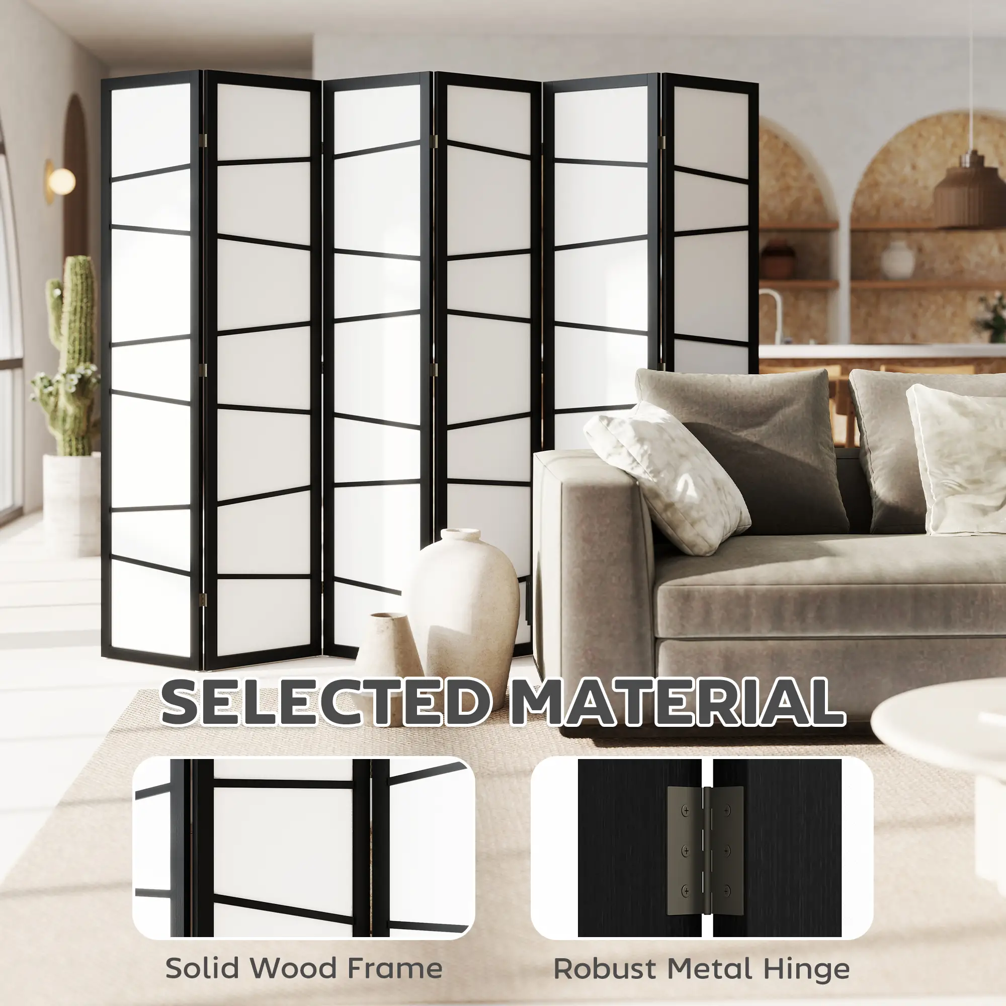 66.9" Folding Room Divider, 6 Panel Wood Frame Partition, White - Image 5