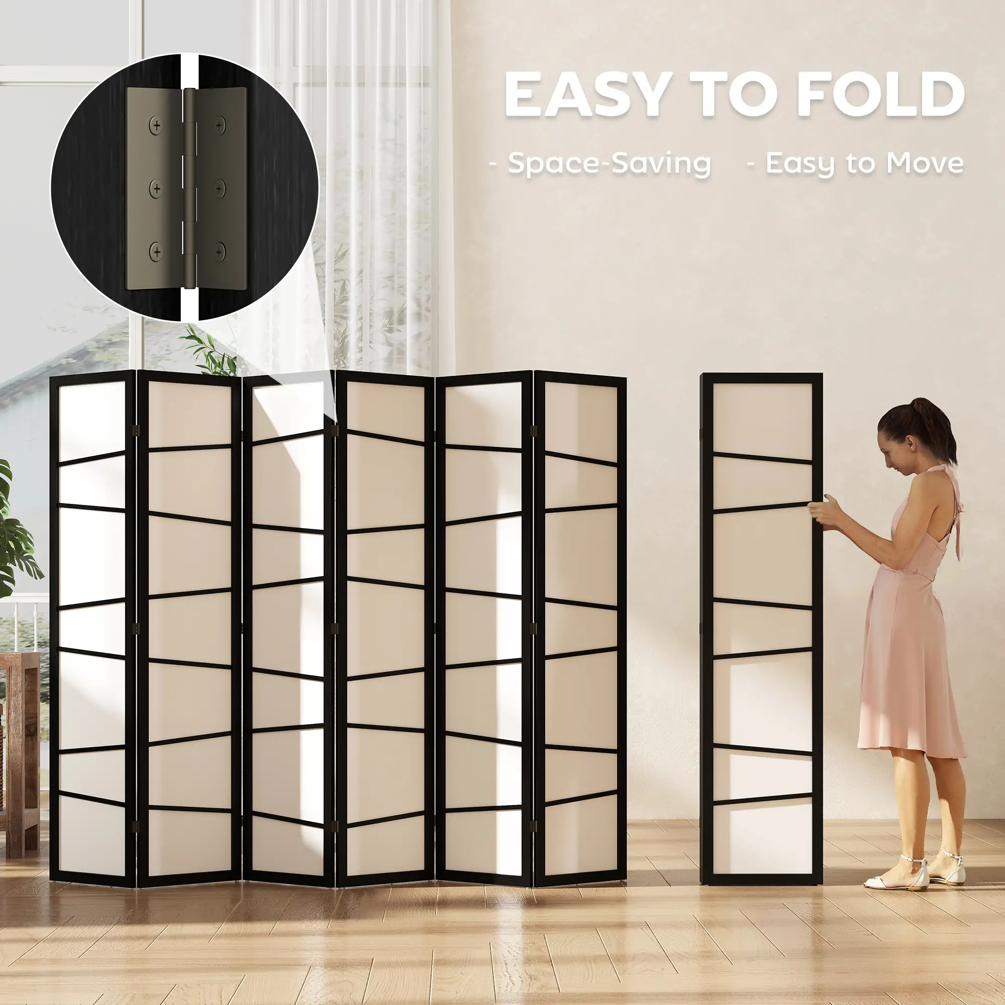66.9" Folding Room Divider, 6 Panel Wood Frame Partition, White - Image 6