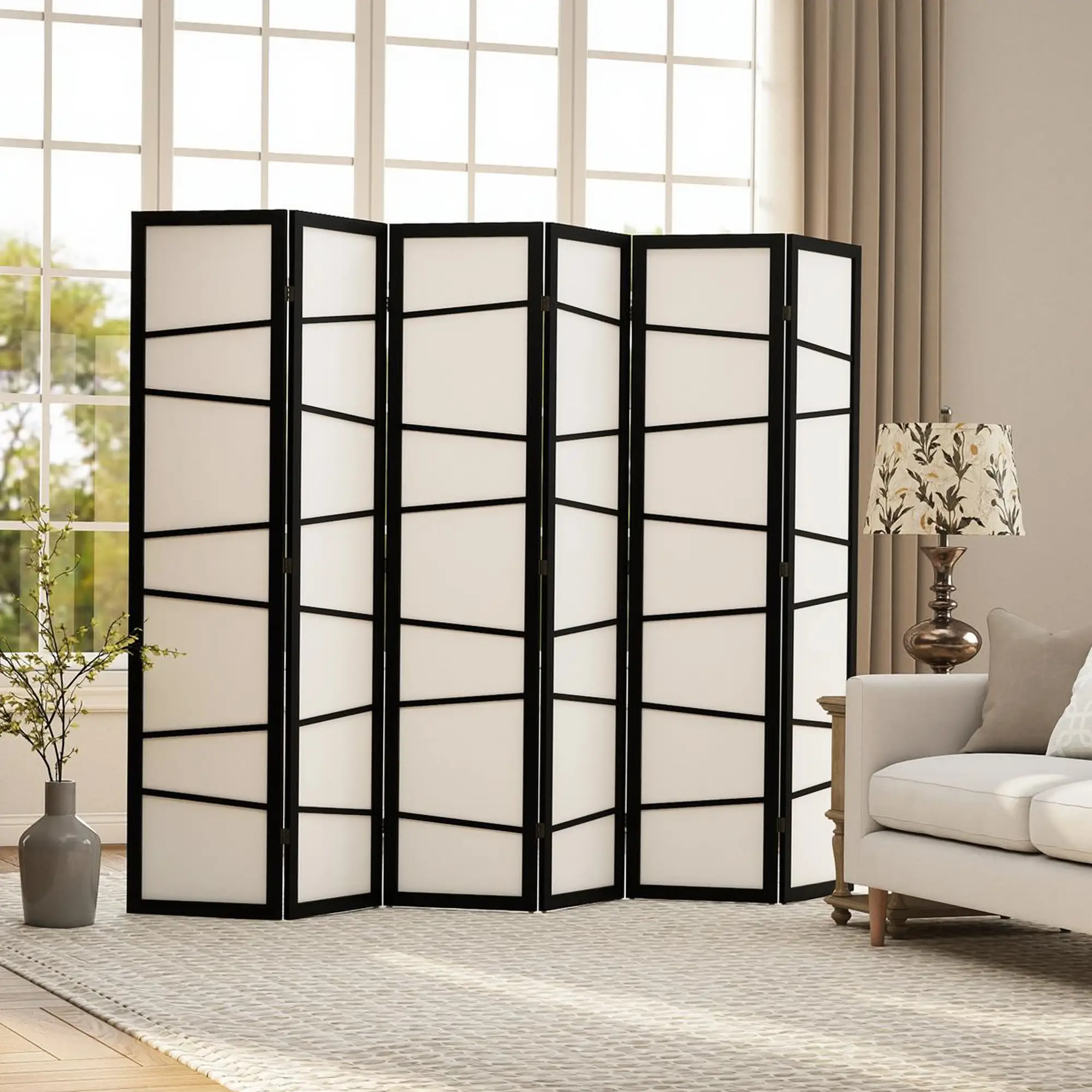 66.9" Folding Room Divider, 6 Panel Wood Frame Partition, White - Image 7
