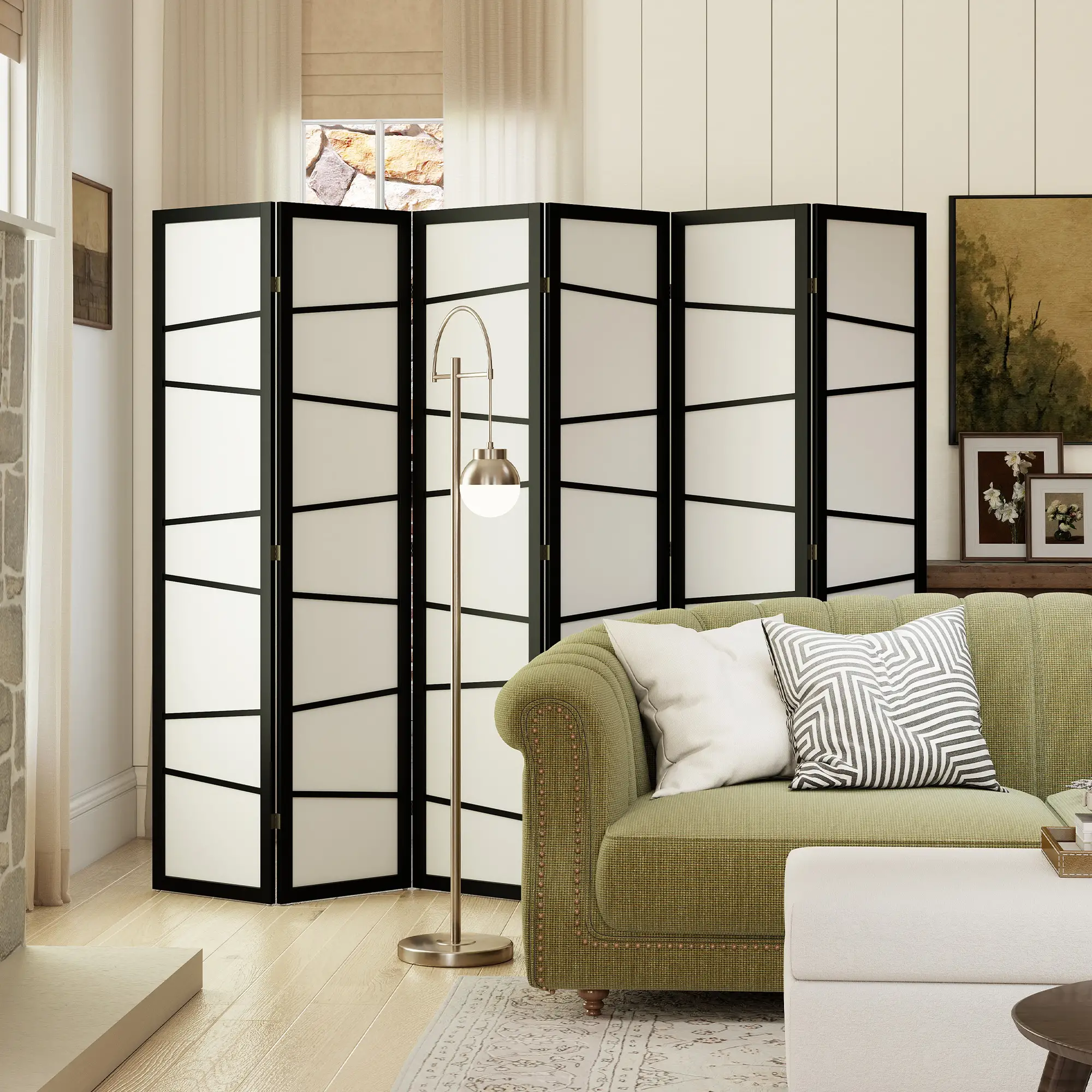 66.9" Folding Room Divider, 6 Panel Wood Frame Partition, White - Image 8