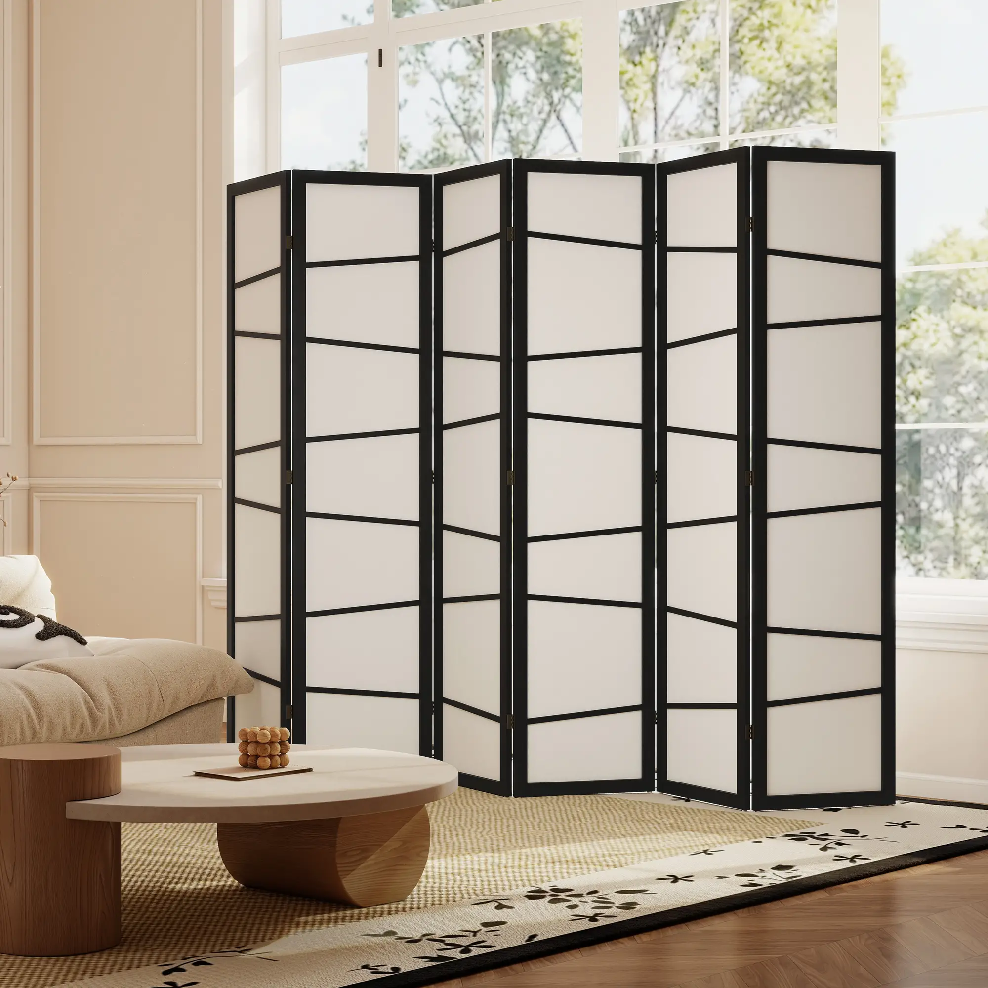 66.9" Folding Room Divider, 6 Panel Wood Frame Partition, White - Image 9