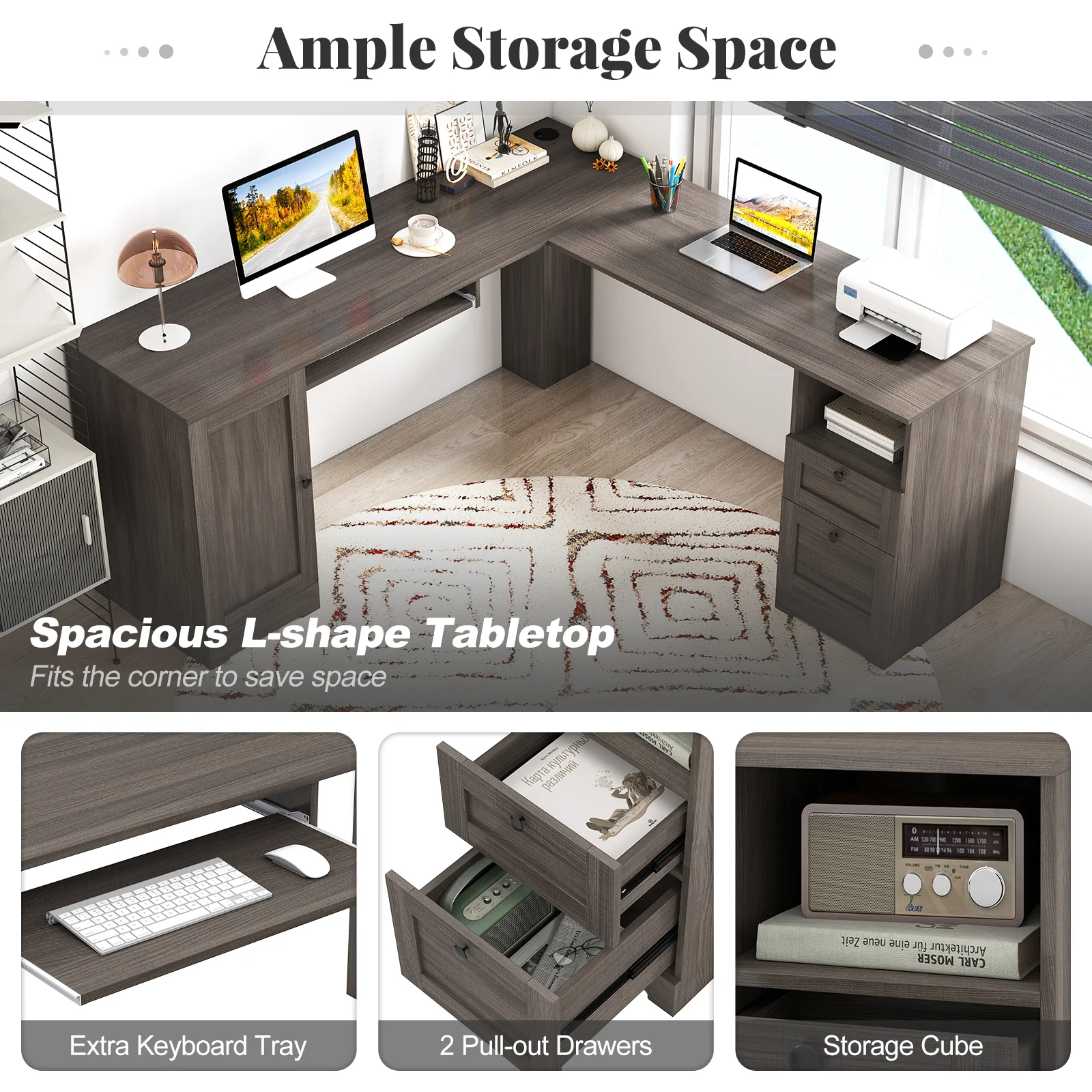 66 Inch L-Shaped Computer Desk, Dark Gray - Image 10