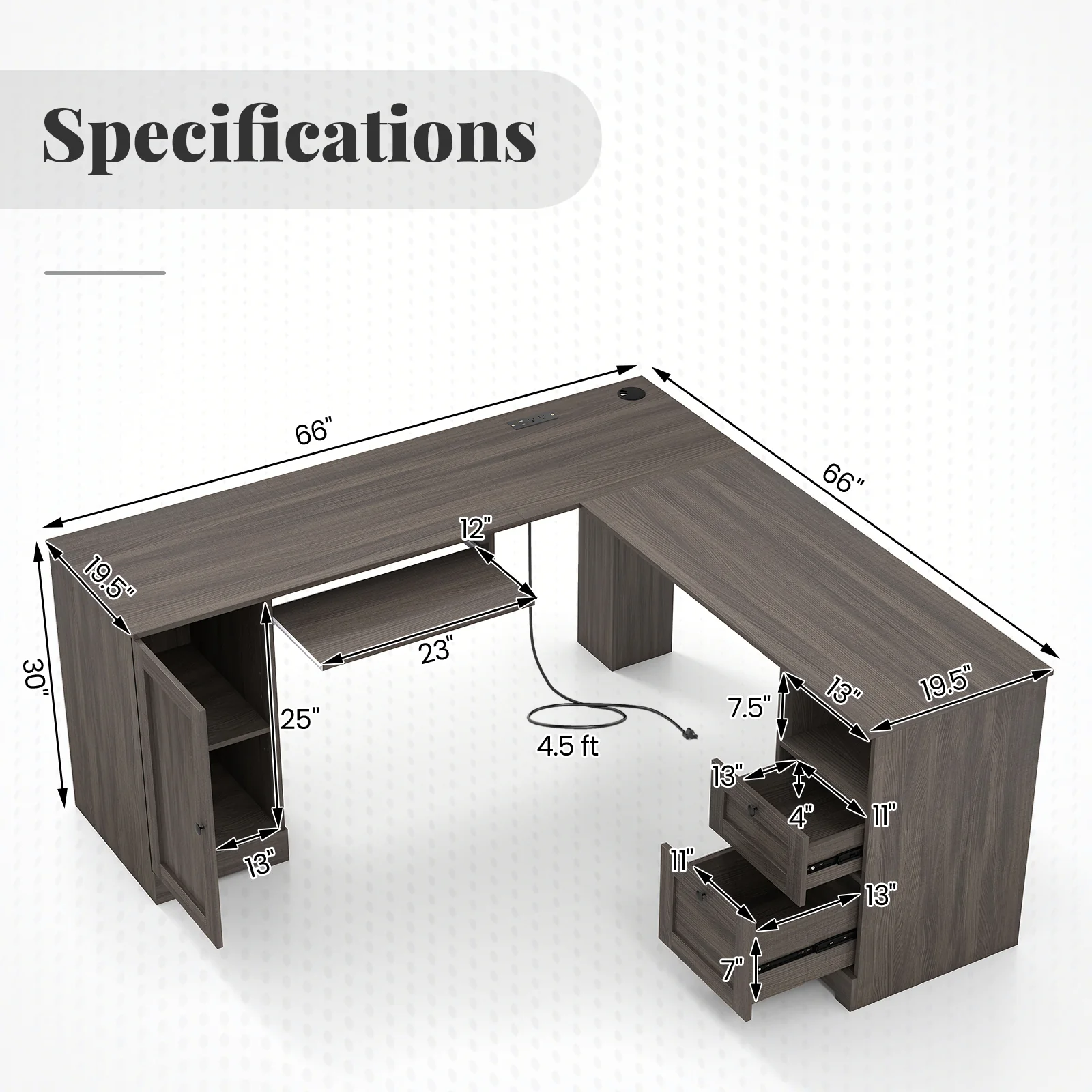 66 Inch L-Shaped Computer Desk, Dark Gray - Image 6