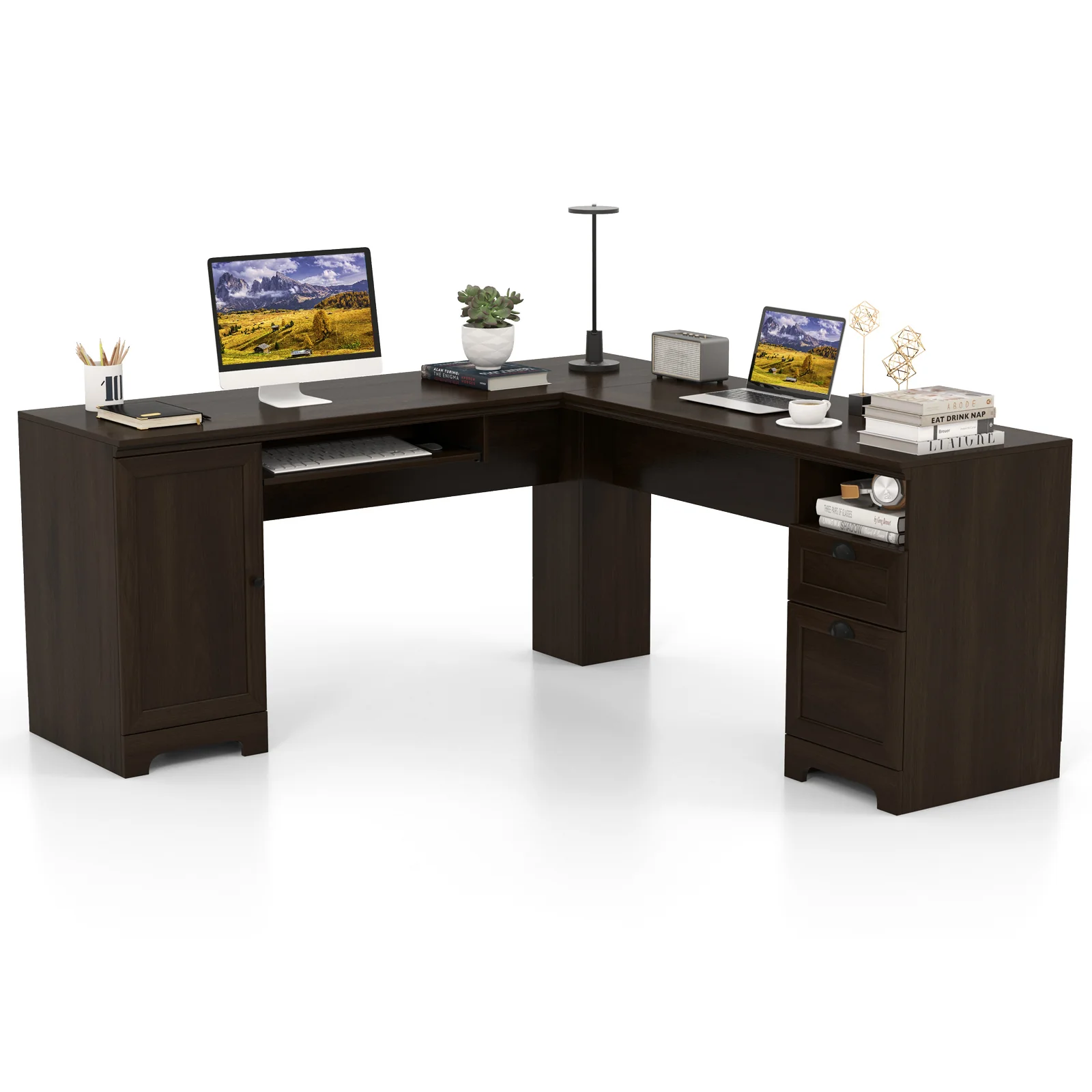 66 Inch L-Shaped Writing Study Workstation Computer Desk with Drawers, Dark Brown