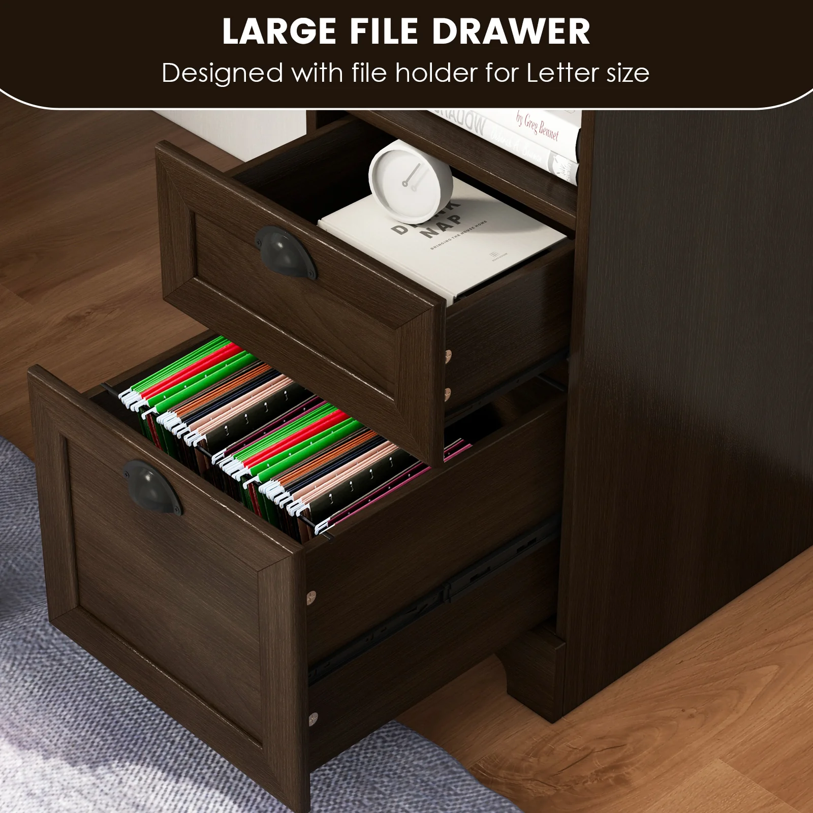 66 Inch L-Shaped Writing Study Workstation Computer Desk with Drawers, Dark Brown - Image 10