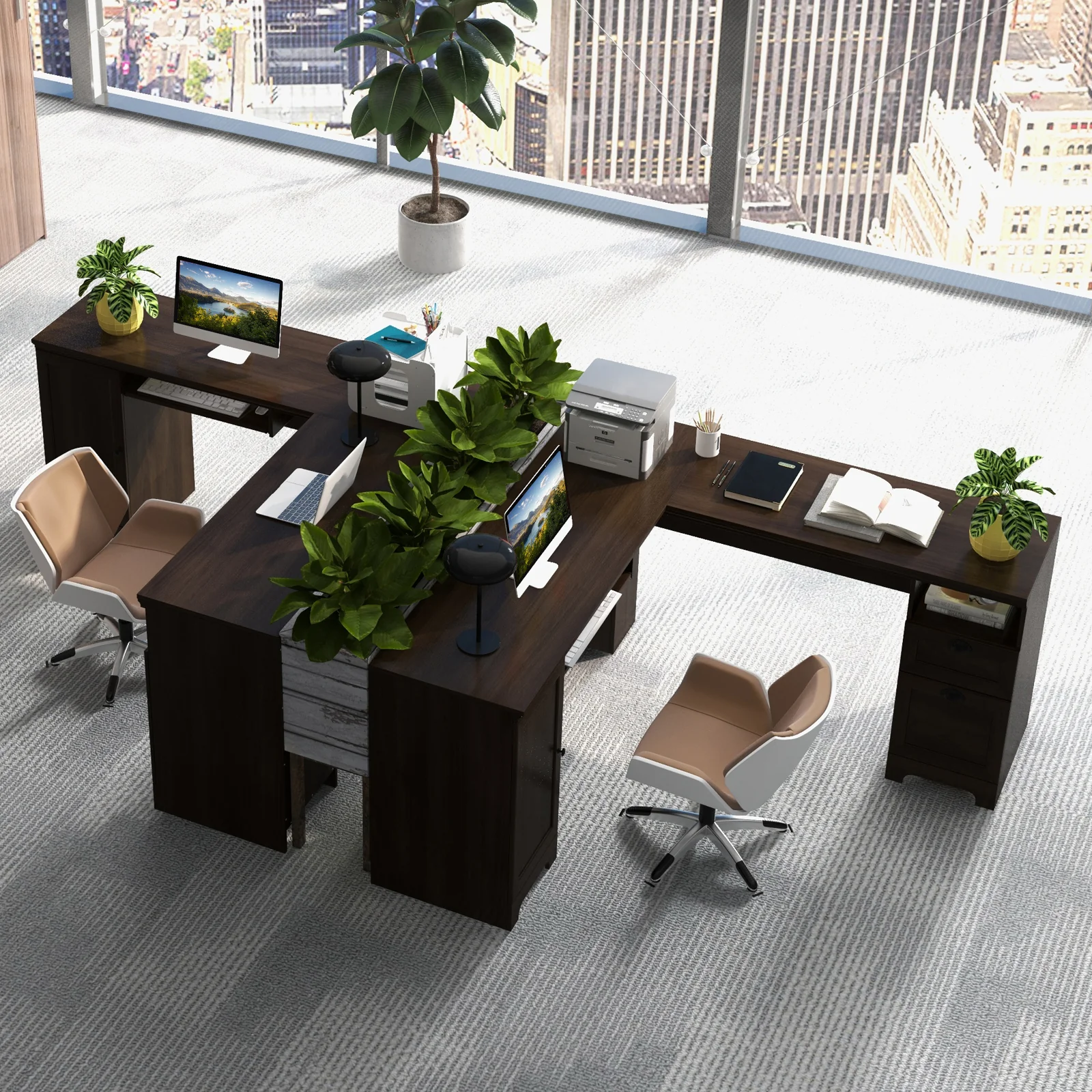 66 Inch L-Shaped Writing Study Workstation Computer Desk with Drawers, Dark Brown - Image 3