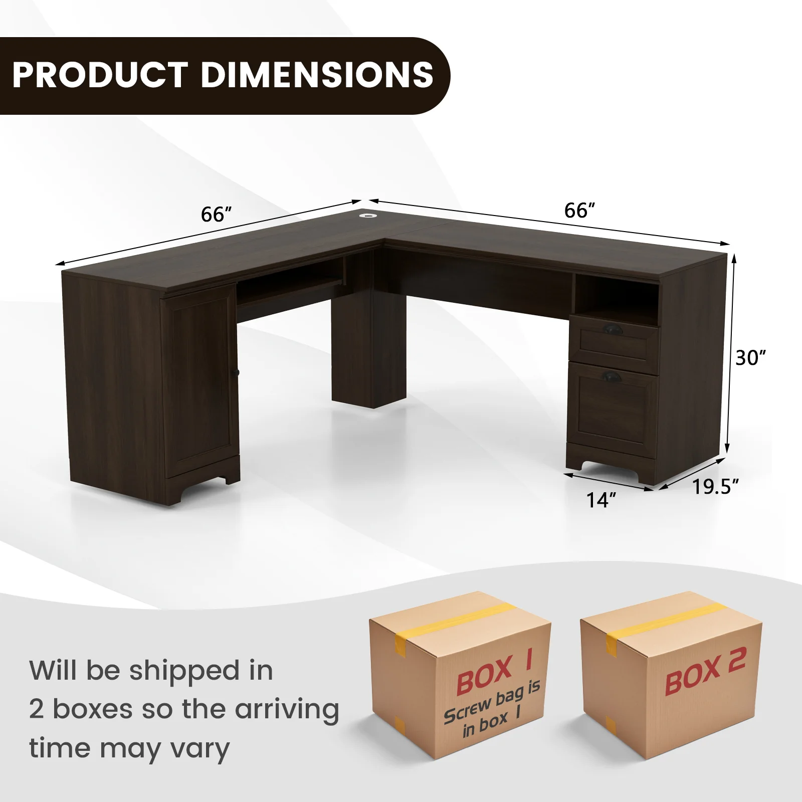 66 Inch L-Shaped Writing Study Workstation Computer Desk with Drawers, Dark Brown - Image 5