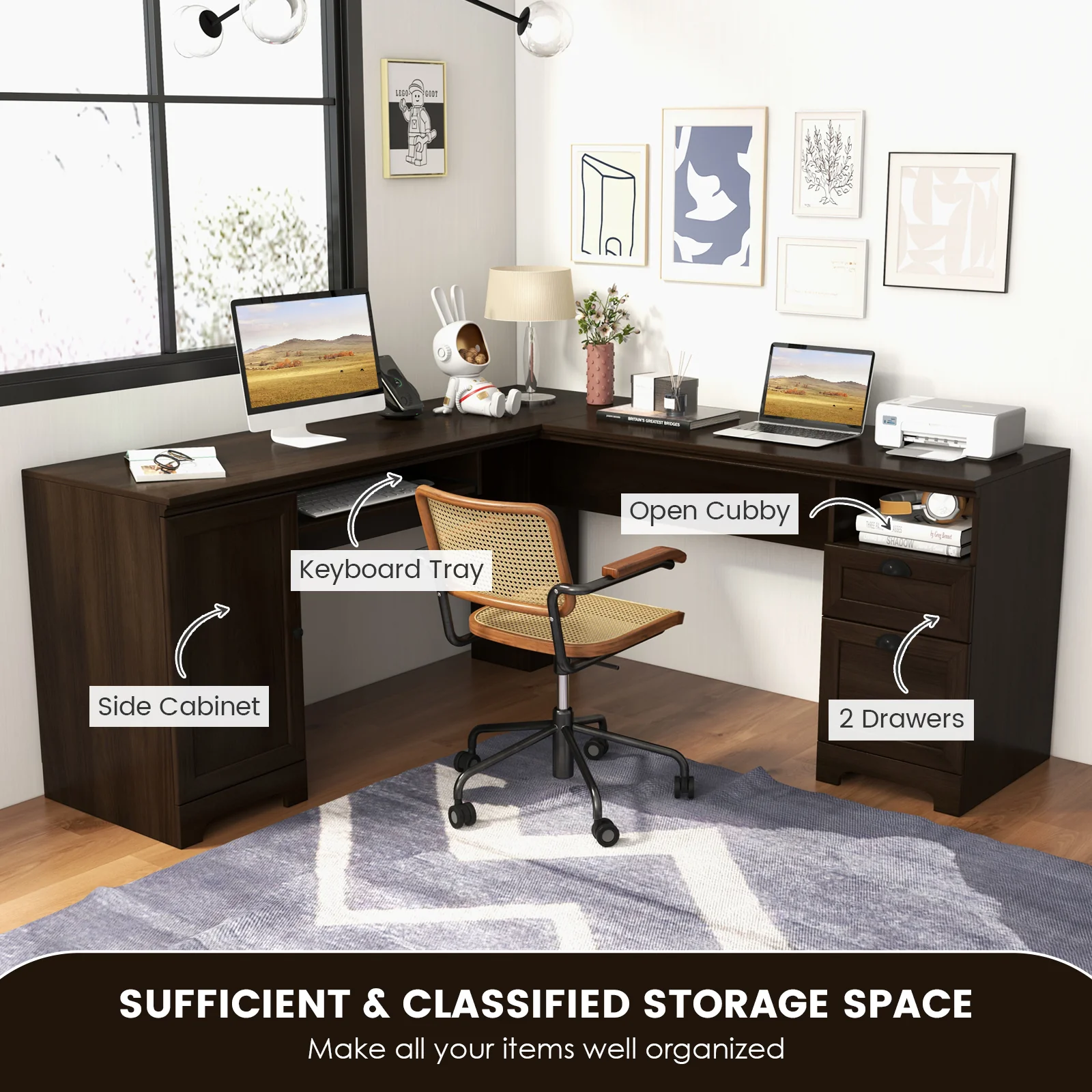 66 Inch L-Shaped Writing Study Workstation Computer Desk with Drawers, Dark Brown - Image 8