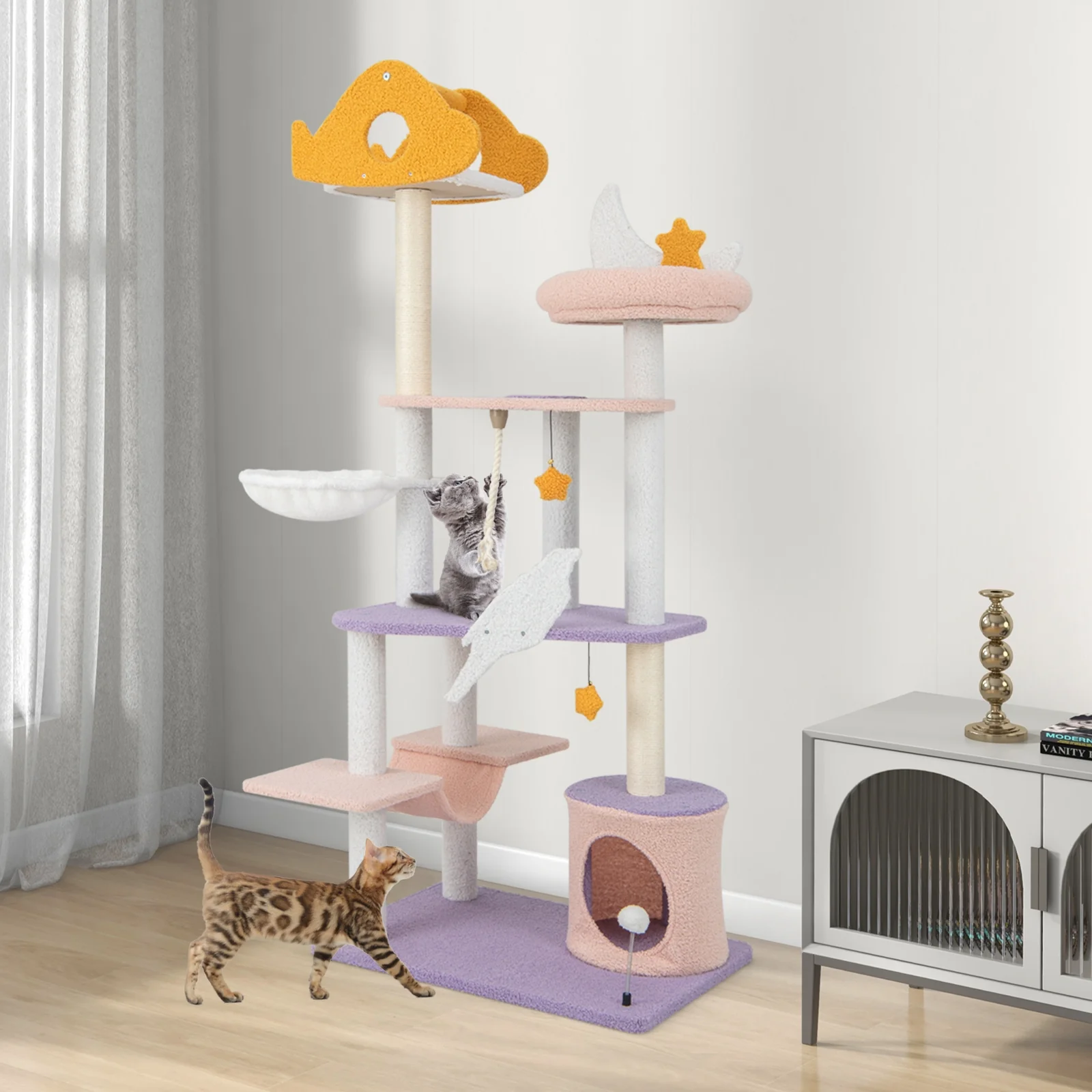 66 Inch Multi-Level Cat Tree Tower, Sisal Scratching Posts, Purple - Image 2