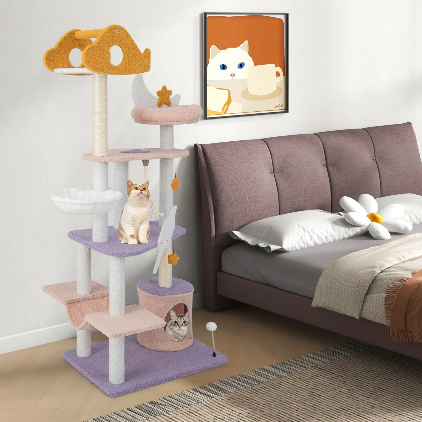 66 Inch Multi-Level Cat Tree Tower, Sisal Scratching Posts, Purple - Image 3