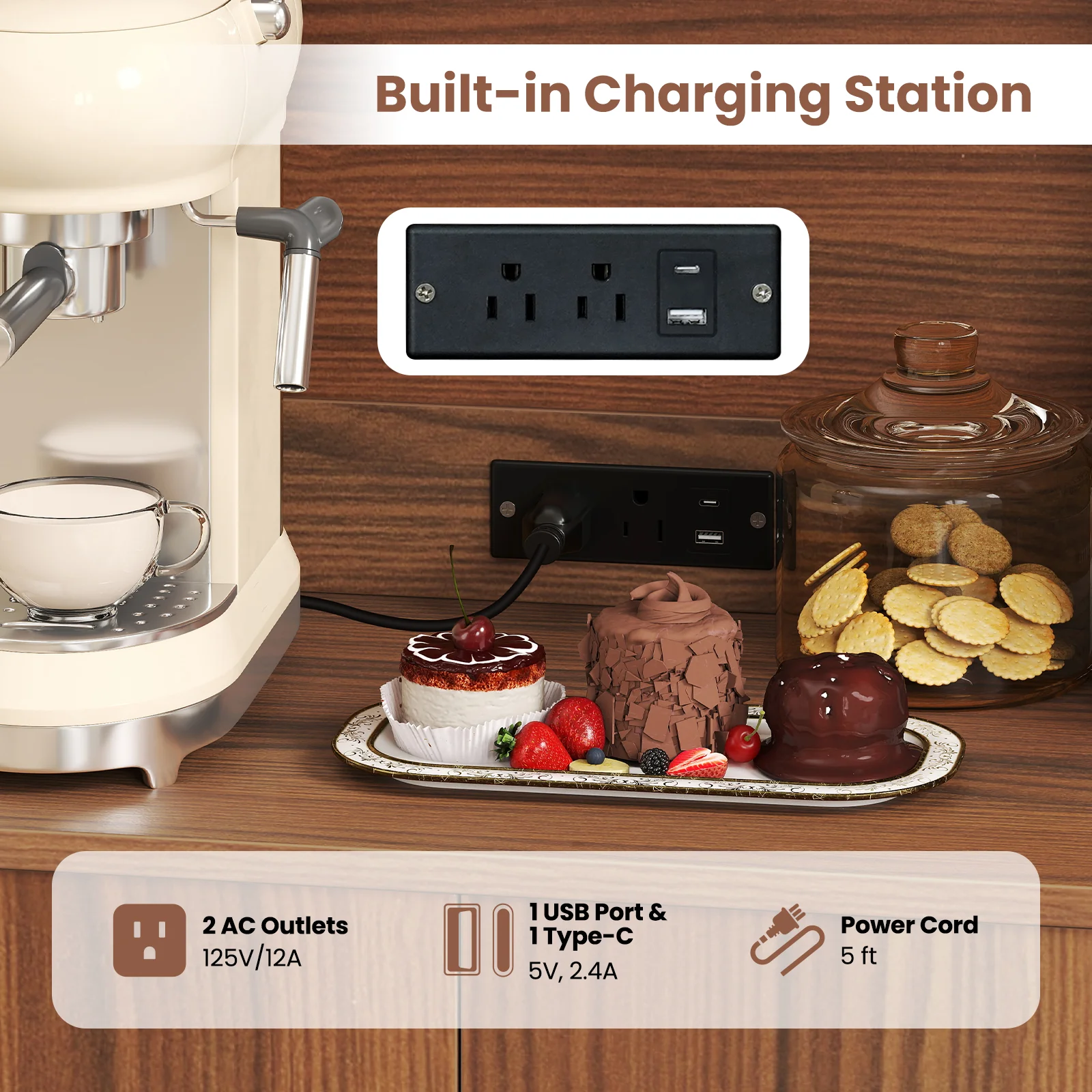 66 inch Pantry Cabinet with Charging Station and Microwave Stand, Brown - Image 10