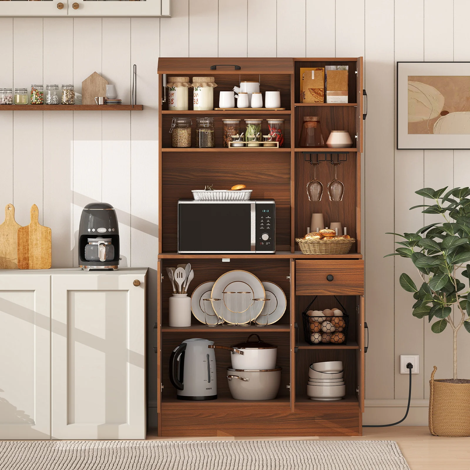 66 inch Pantry Cabinet with Charging Station and Microwave Stand, Brown - Image 2