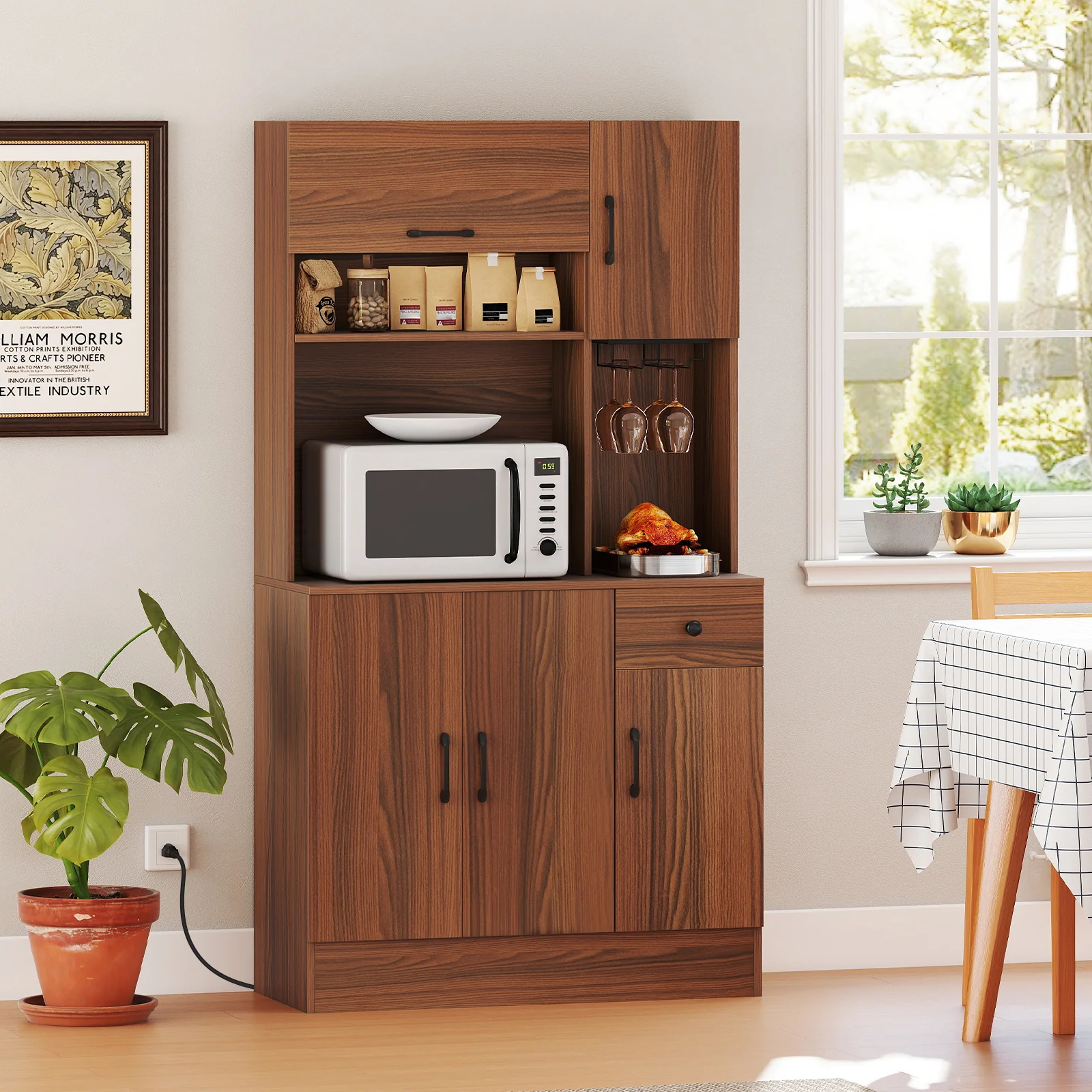 66 inch Pantry Cabinet with Charging Station and Microwave Stand, Brown - Image 3