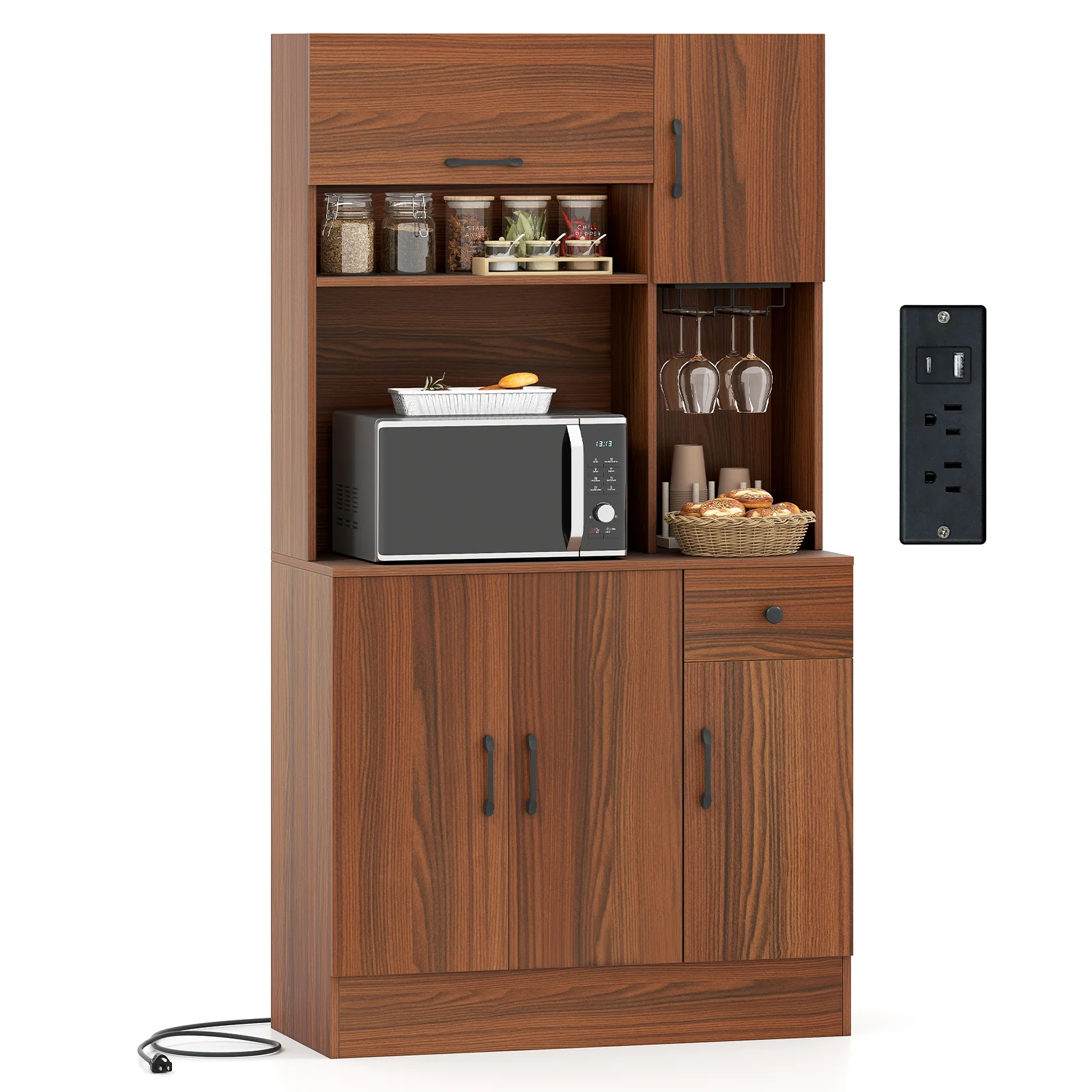 66 inch Pantry Cabinet with Charging Station and Microwave Stand, Brown - Image 4
