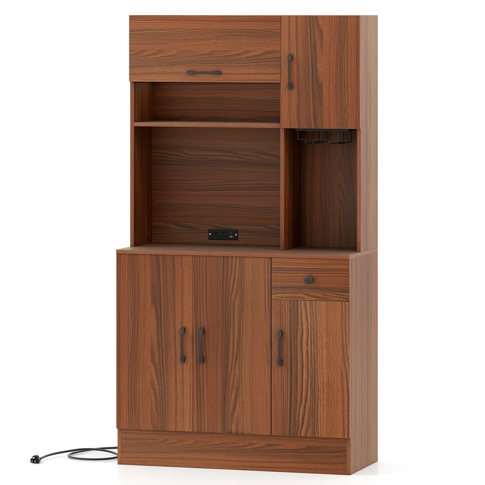 66 inch Pantry Cabinet with Charging Station and Microwave Stand, Brown - Image 5