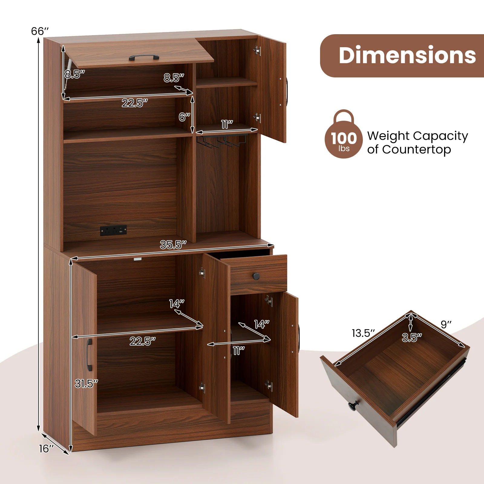 66 inch Pantry Cabinet with Charging Station and Microwave Stand, Brown - Image 6