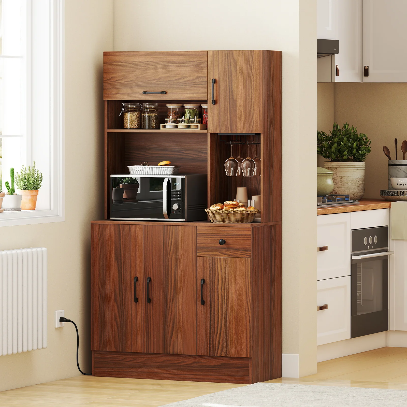 66 inch Pantry Cabinet with Charging Station and Microwave Stand, Brown - Image 7