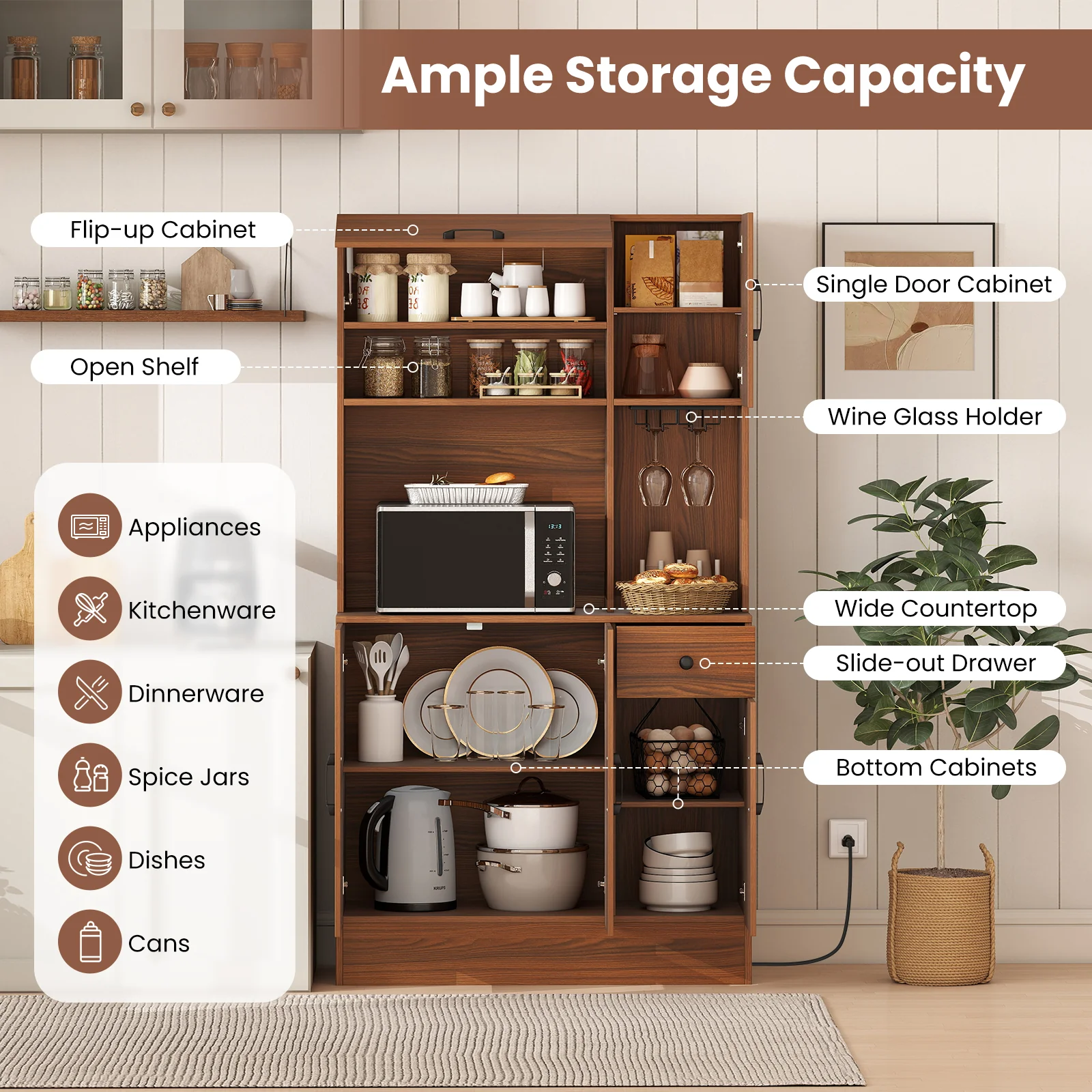 66 inch Pantry Cabinet with Charging Station and Microwave Stand, Brown - Image 8