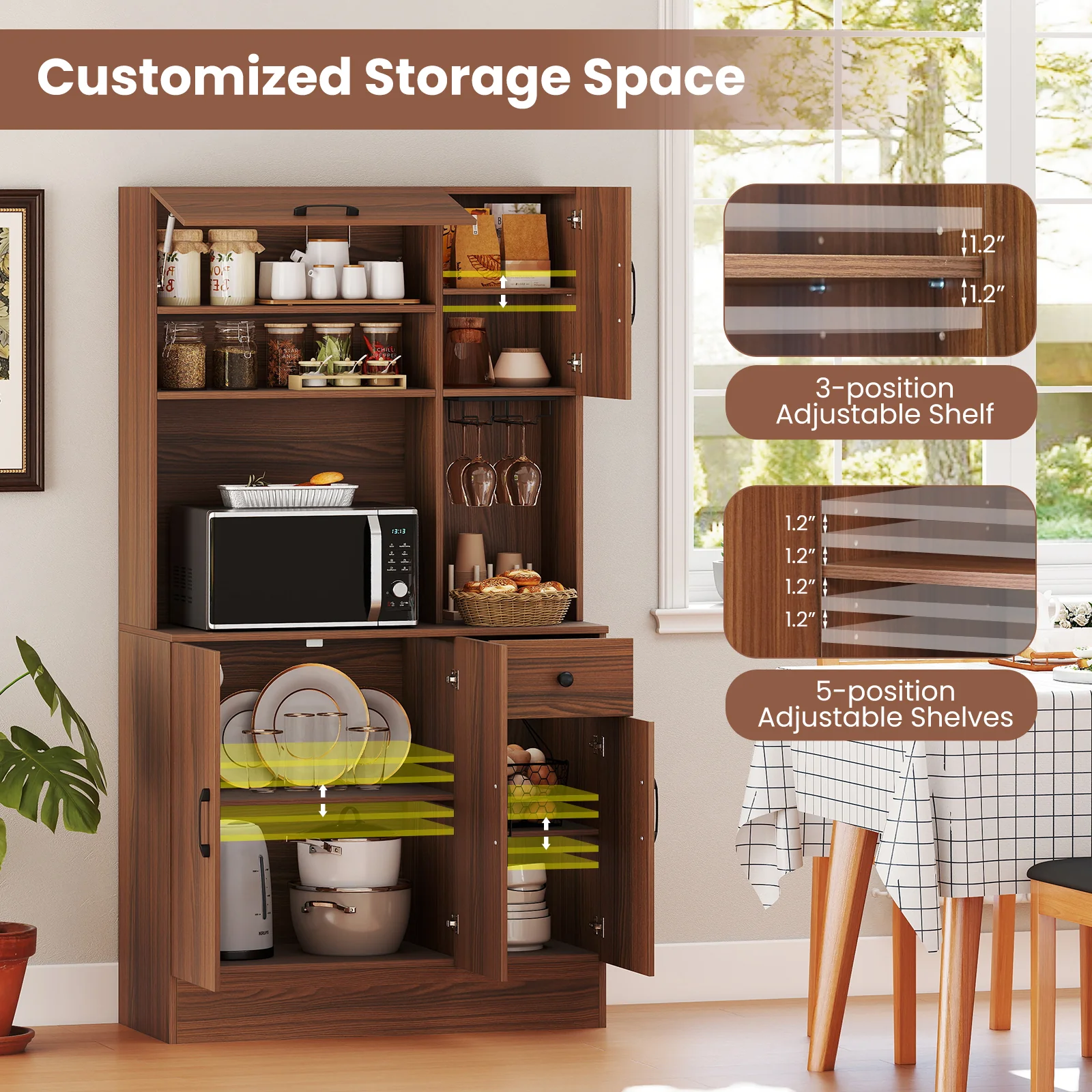 66 inch Pantry Cabinet with Charging Station and Microwave Stand, Brown - Image 9