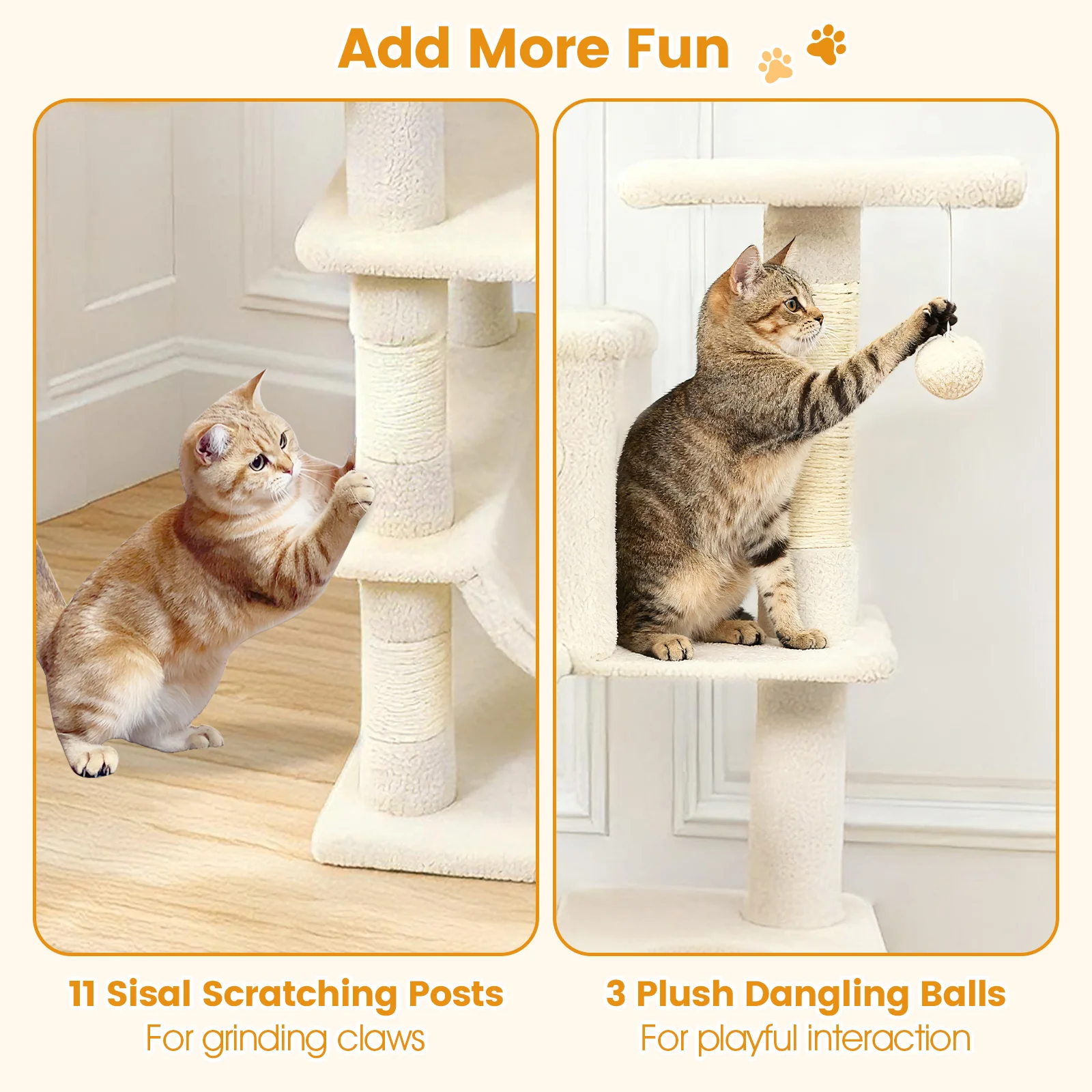 66 Inch Tall Cat Tree Multi-Level Cat Tower with 2 Condos Sisal Scratching Posts, Beige - Image 10