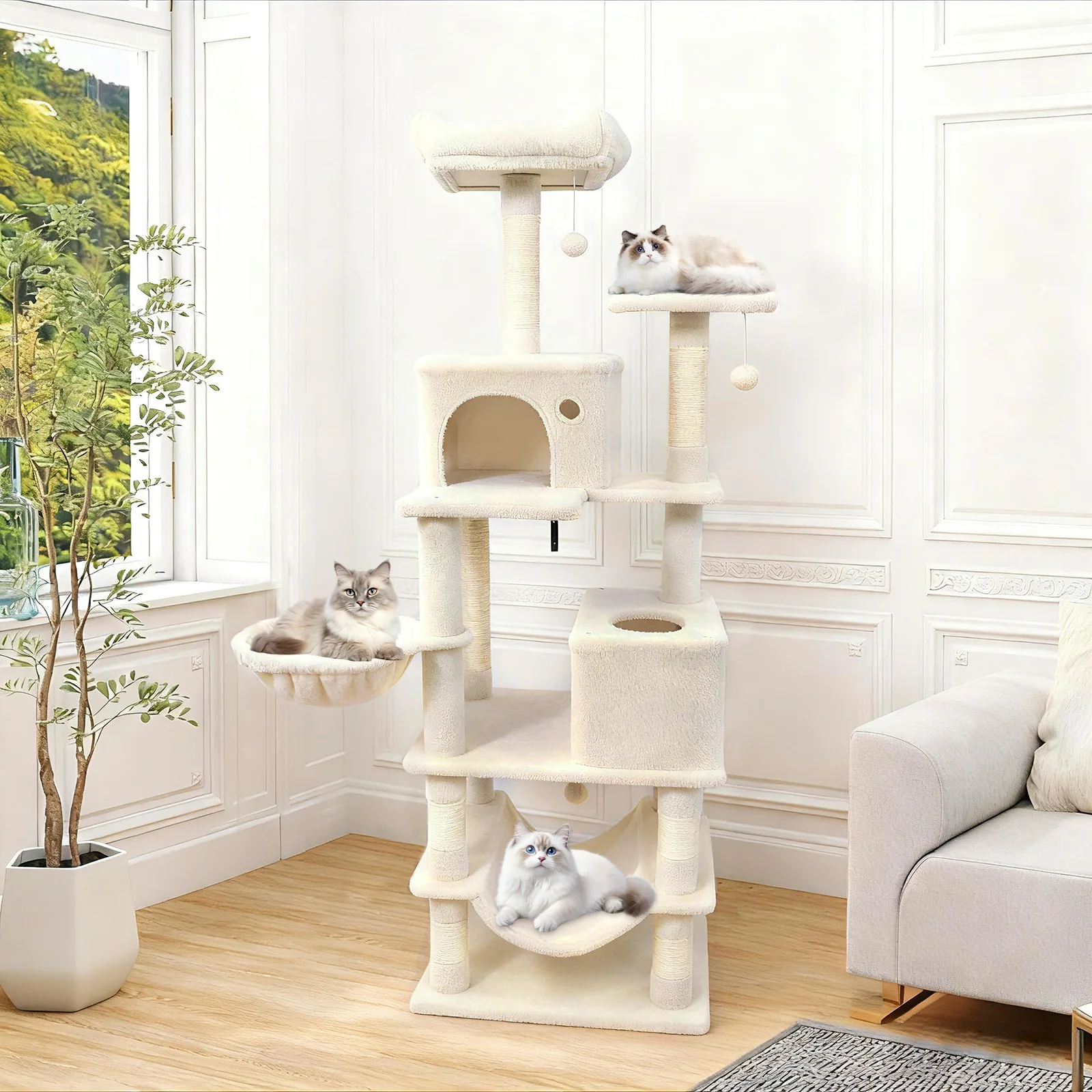 66 Inch Tall Cat Tree Multi-Level Cat Tower with 2 Condos Sisal Scratching Posts, Beige - Image 2