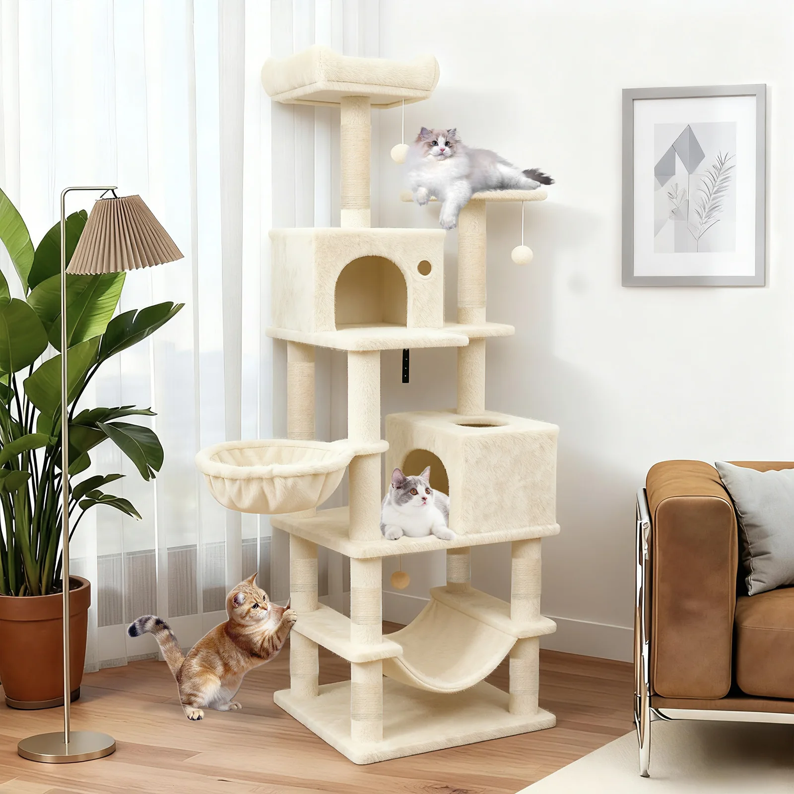 66 Inch Tall Cat Tree Multi-Level Cat Tower with 2 Condos Sisal Scratching Posts, Beige - Image 3