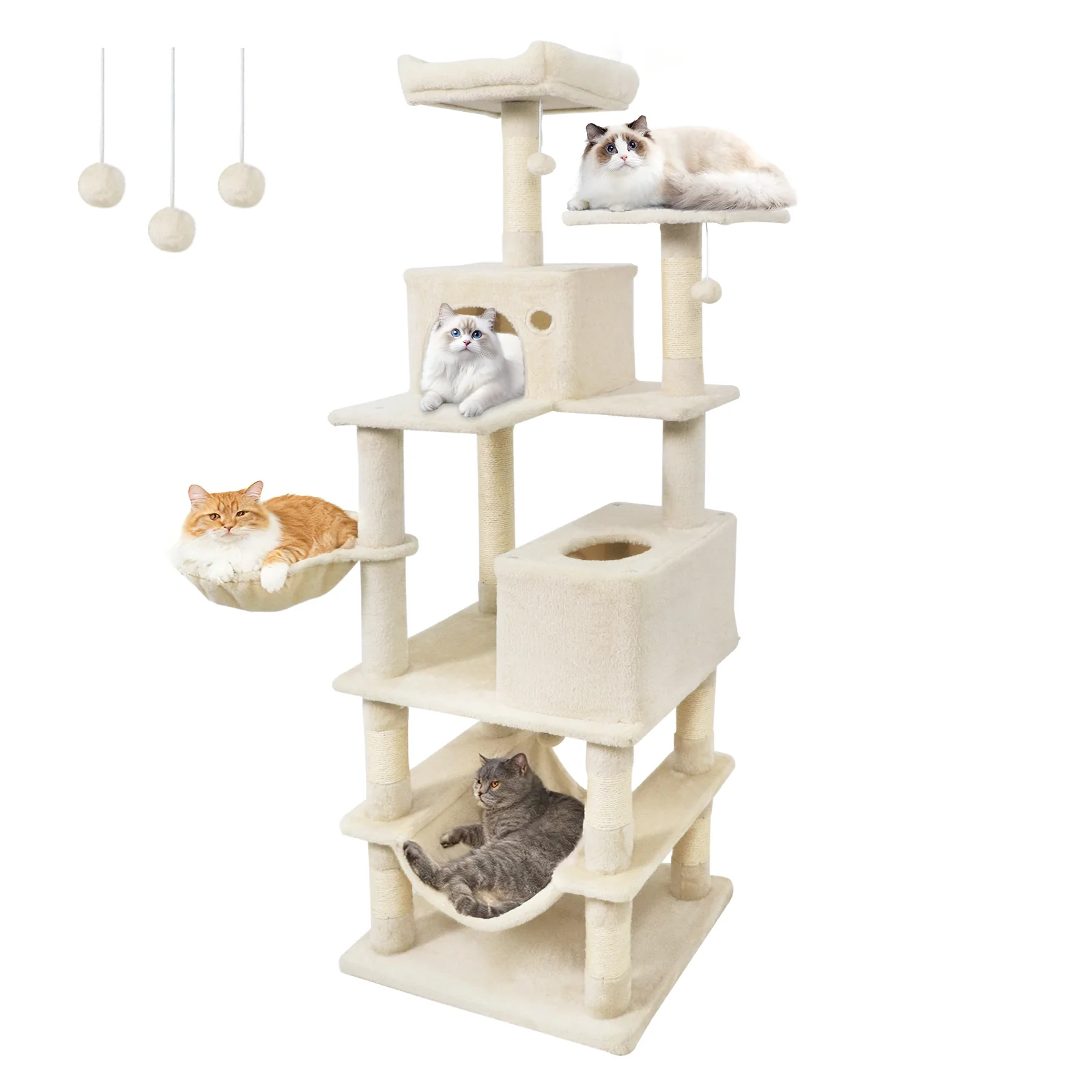 66 Inch Tall Cat Tree Multi-Level Cat Tower with 2 Condos Sisal Scratching Posts, Beige - Image 4