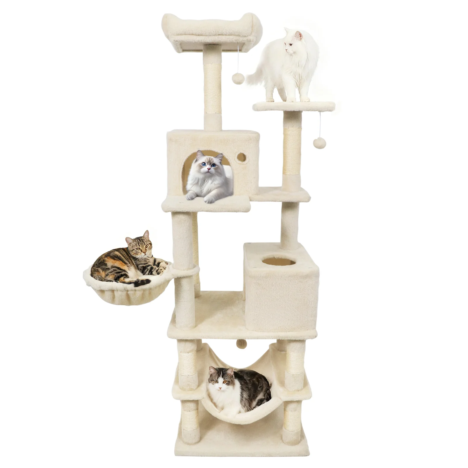 66 Inch Tall Cat Tree Multi-Level Cat Tower with 2 Condos Sisal Scratching Posts, Beige - Image 5