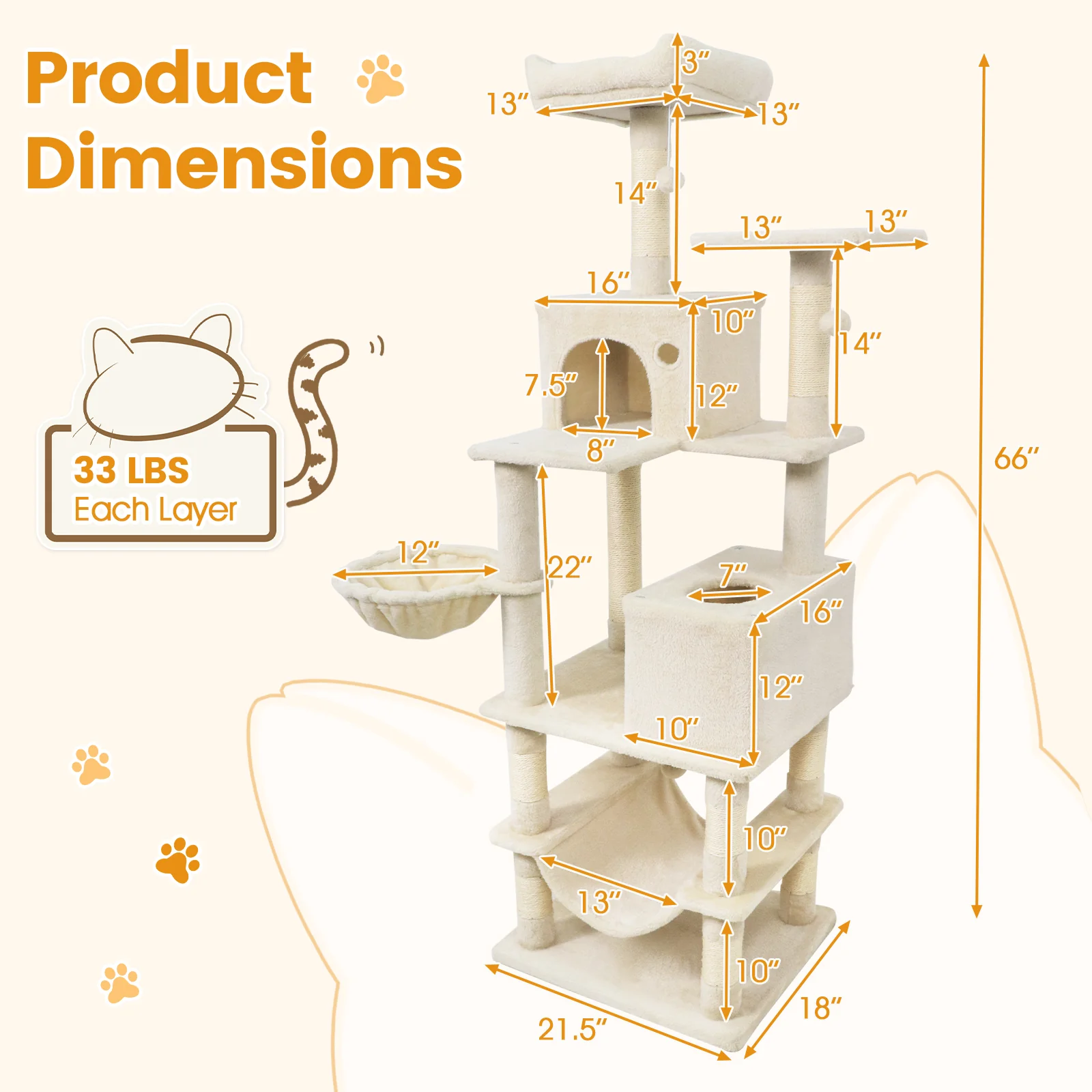 66 Inch Tall Cat Tree Multi-Level Cat Tower with 2 Condos Sisal Scratching Posts, Beige - Image 6