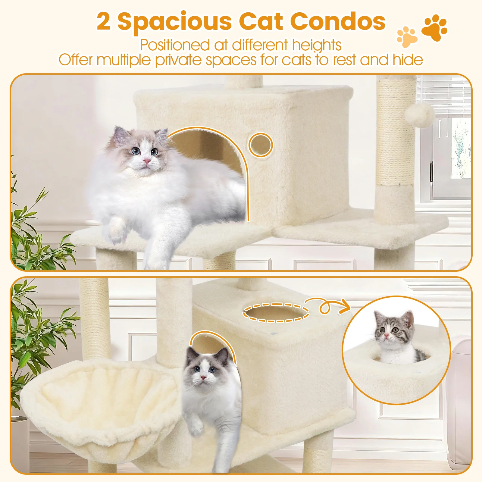 66 Inch Tall Cat Tree Multi-Level Cat Tower with 2 Condos Sisal Scratching Posts, Beige - Image 8