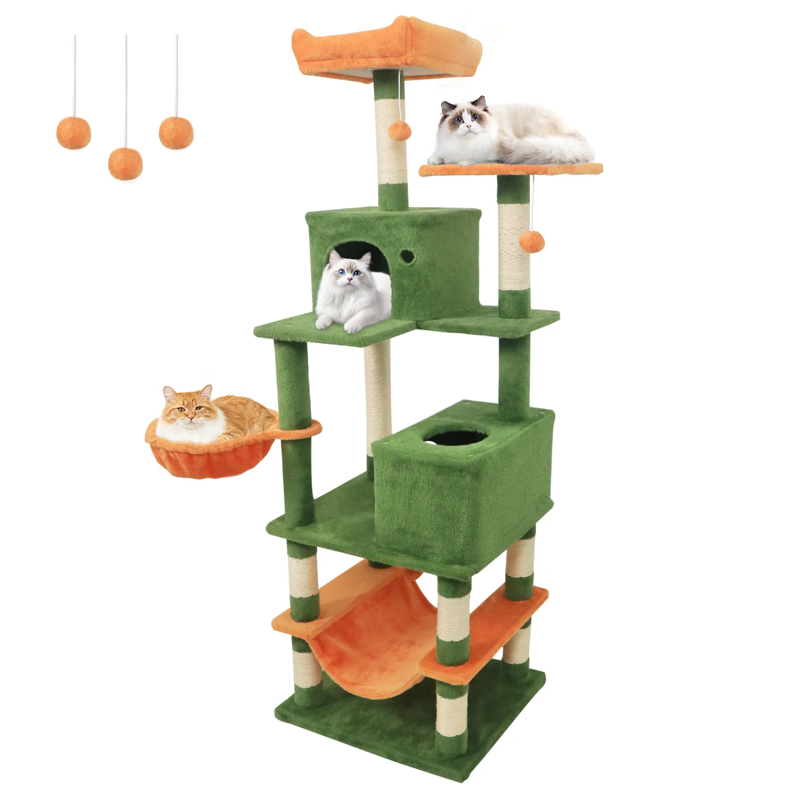 66 Inch Tall Cat Tree Multi-Level Cat Tower with 2 Condos Sisal Scratching Posts, Green