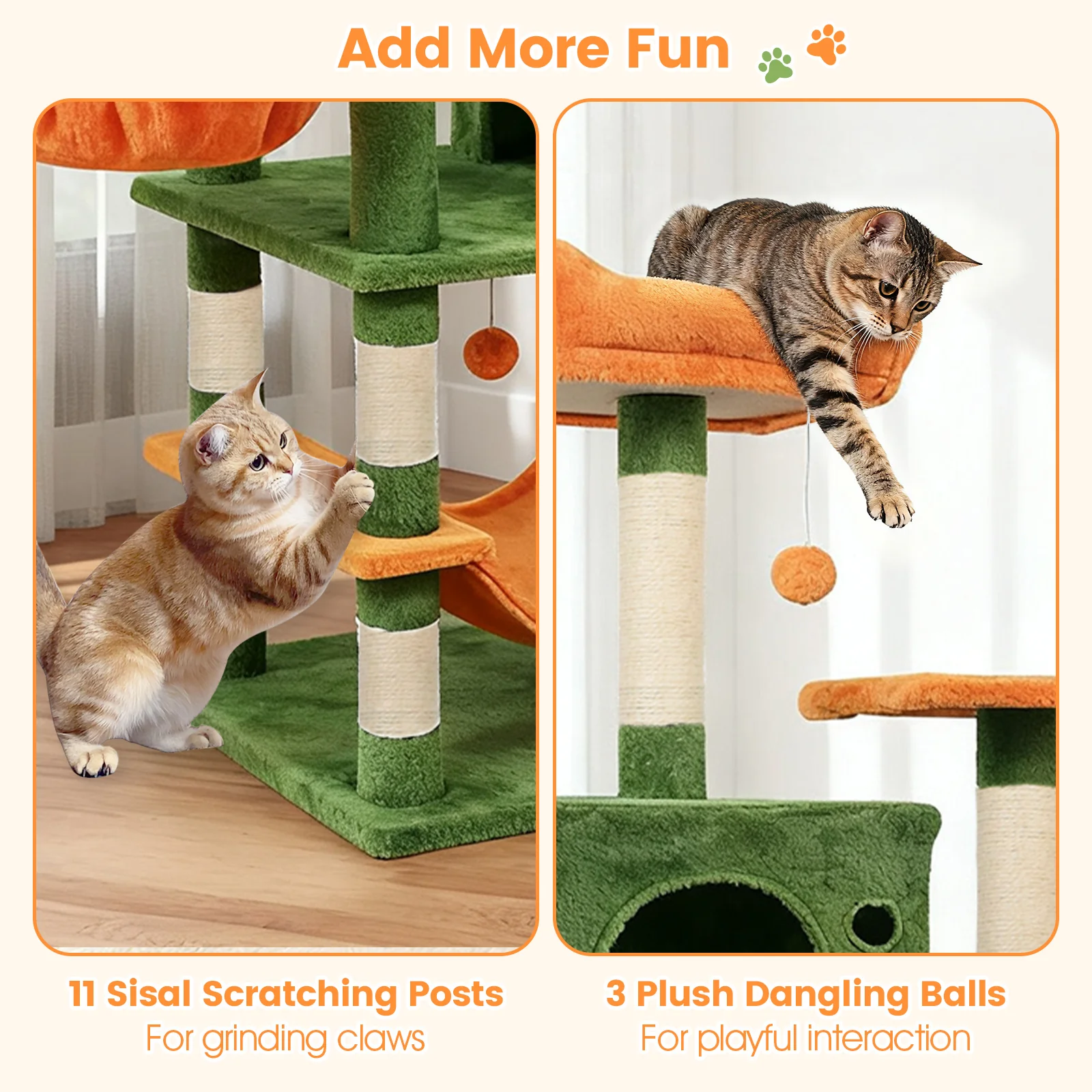 66 Inch Tall Cat Tree Multi-Level Cat Tower with 2 Condos Sisal Scratching Posts, Green - Image 10