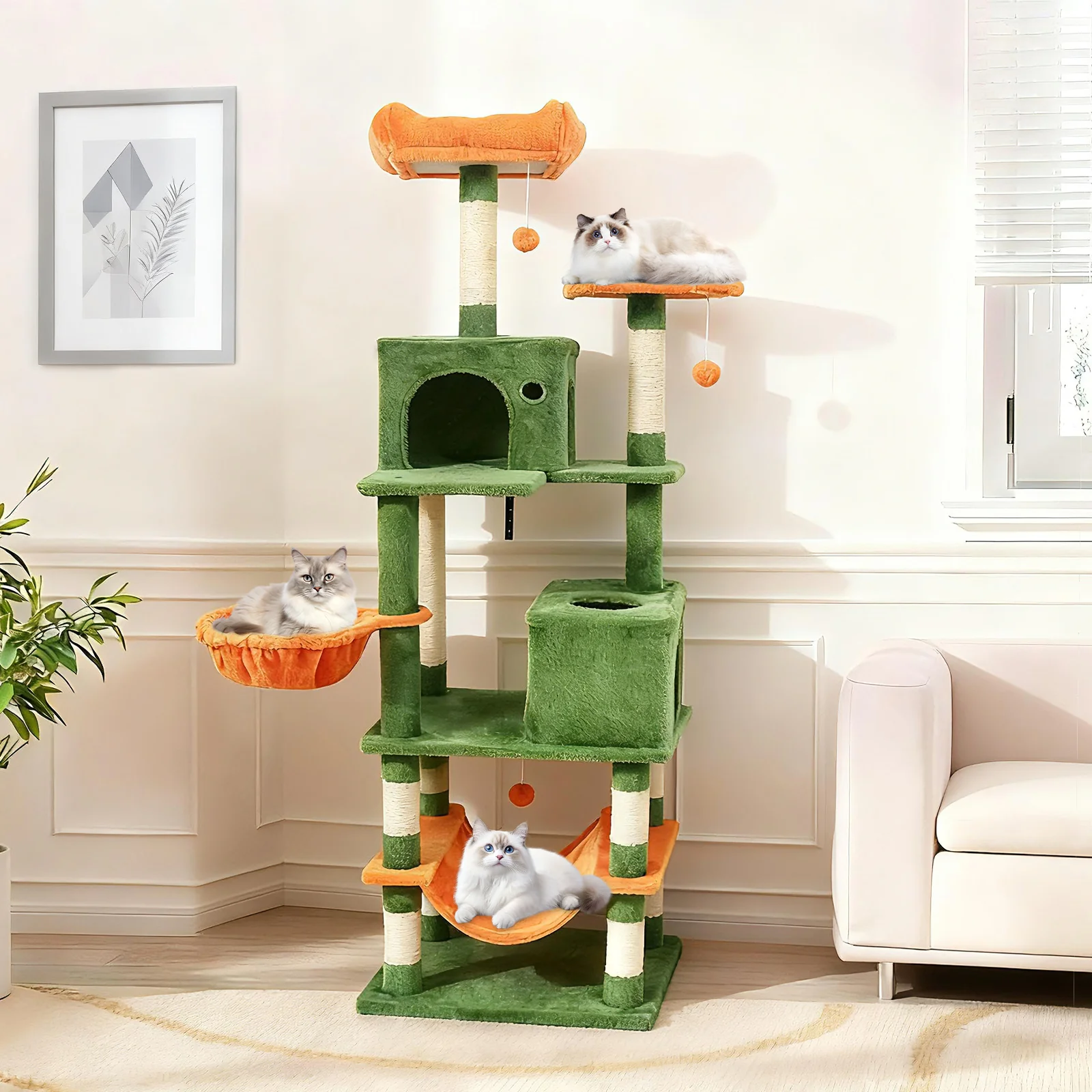 66 Inch Tall Cat Tree Multi-Level Cat Tower with 2 Condos Sisal Scratching Posts, Green - Image 2