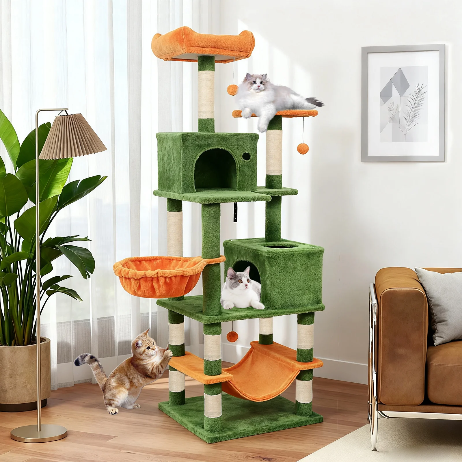 66 Inch Tall Cat Tree Multi-Level Cat Tower with 2 Condos Sisal Scratching Posts, Green - Image 3