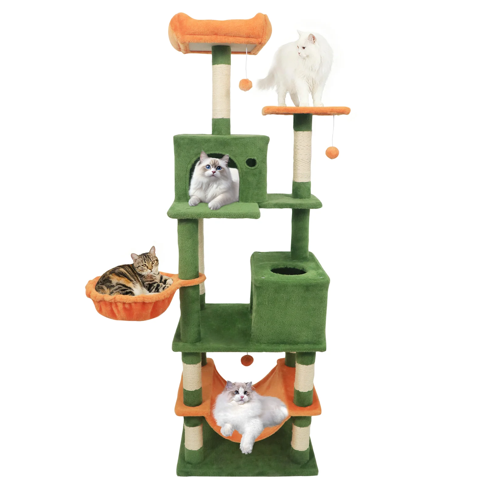66 Inch Tall Cat Tree Multi-Level Cat Tower with 2 Condos Sisal Scratching Posts, Green - Image 5