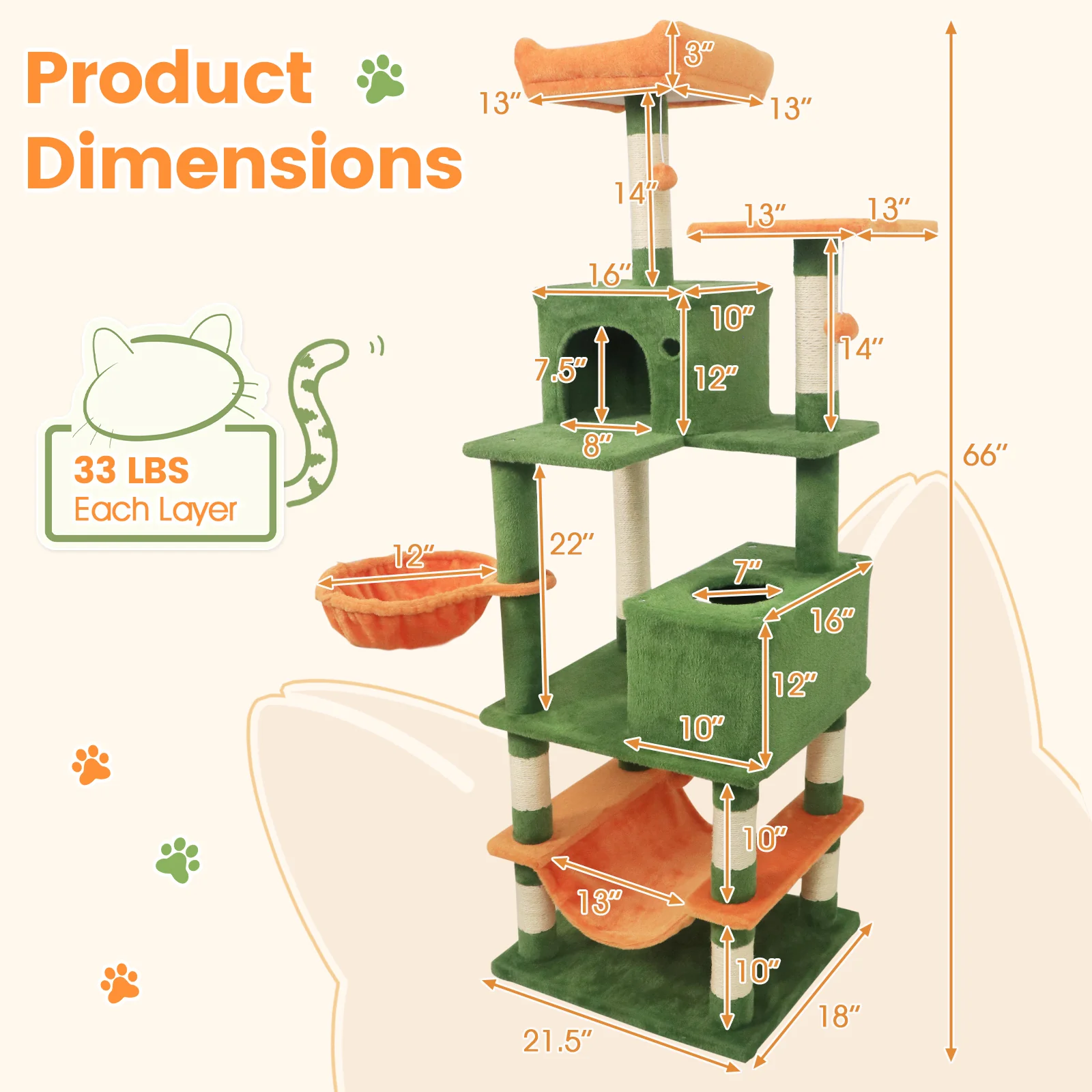 66 Inch Tall Cat Tree Multi-Level Cat Tower with 2 Condos Sisal Scratching Posts, Green - Image 6