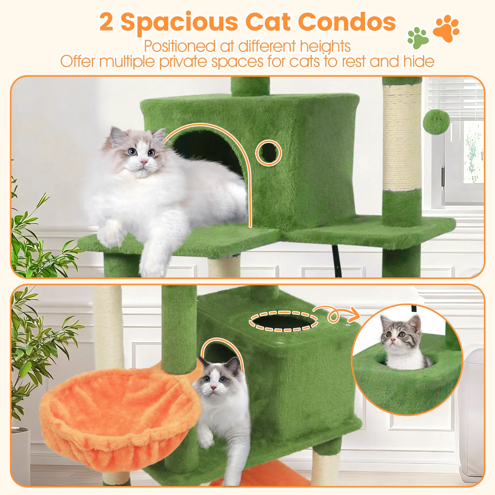66 Inch Tall Cat Tree Multi-Level Cat Tower with 2 Condos Sisal Scratching Posts, Green - Image 8