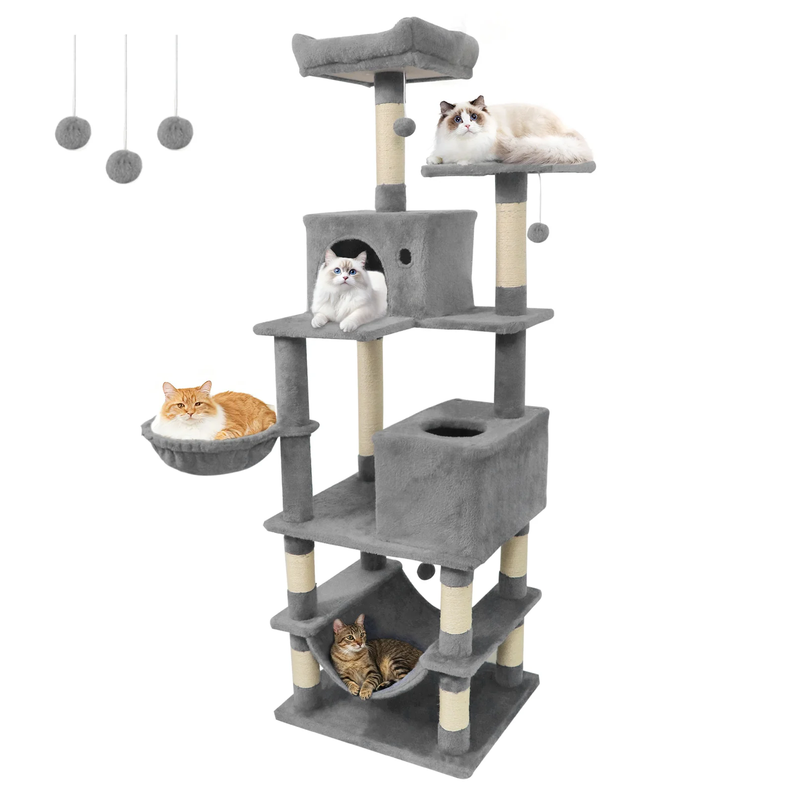 66 Inch Tall Cat Tree Multi-Level Cat Tower with 2 Condos Sisal Scratching Posts, Light Gray