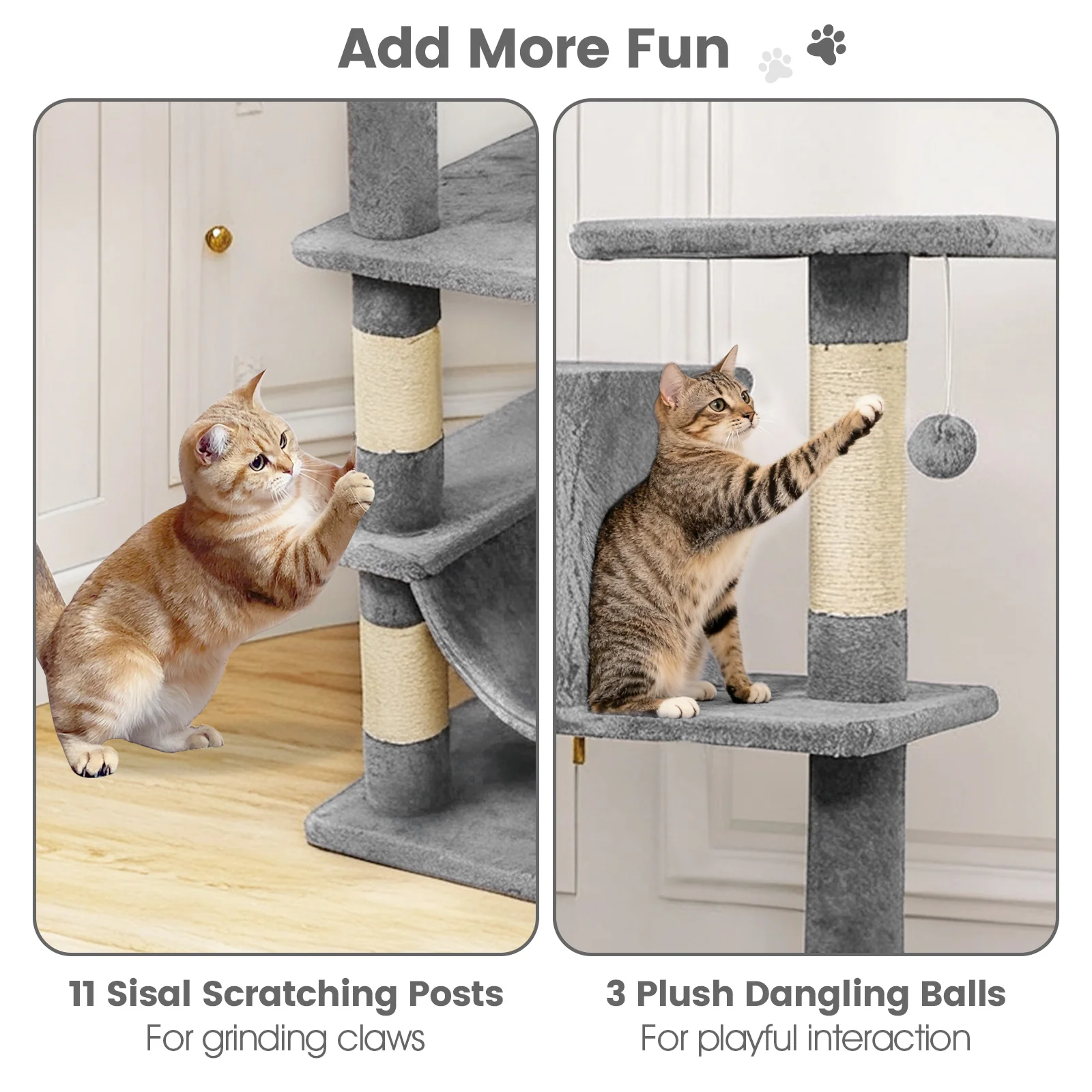 66 Inch Tall Cat Tree Multi-Level Cat Tower with 2 Condos Sisal Scratching Posts, Light Gray - Image 10