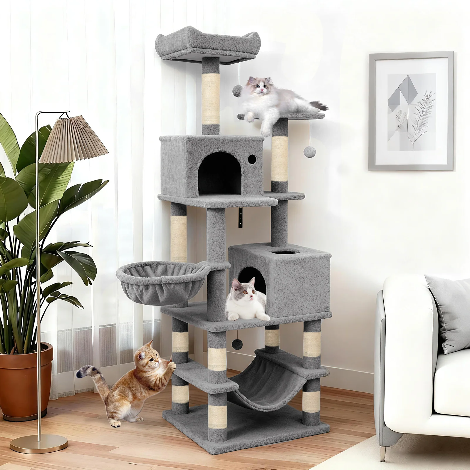 66 Inch Tall Cat Tree Multi-Level Cat Tower with 2 Condos Sisal Scratching Posts, Light Gray - Image 2