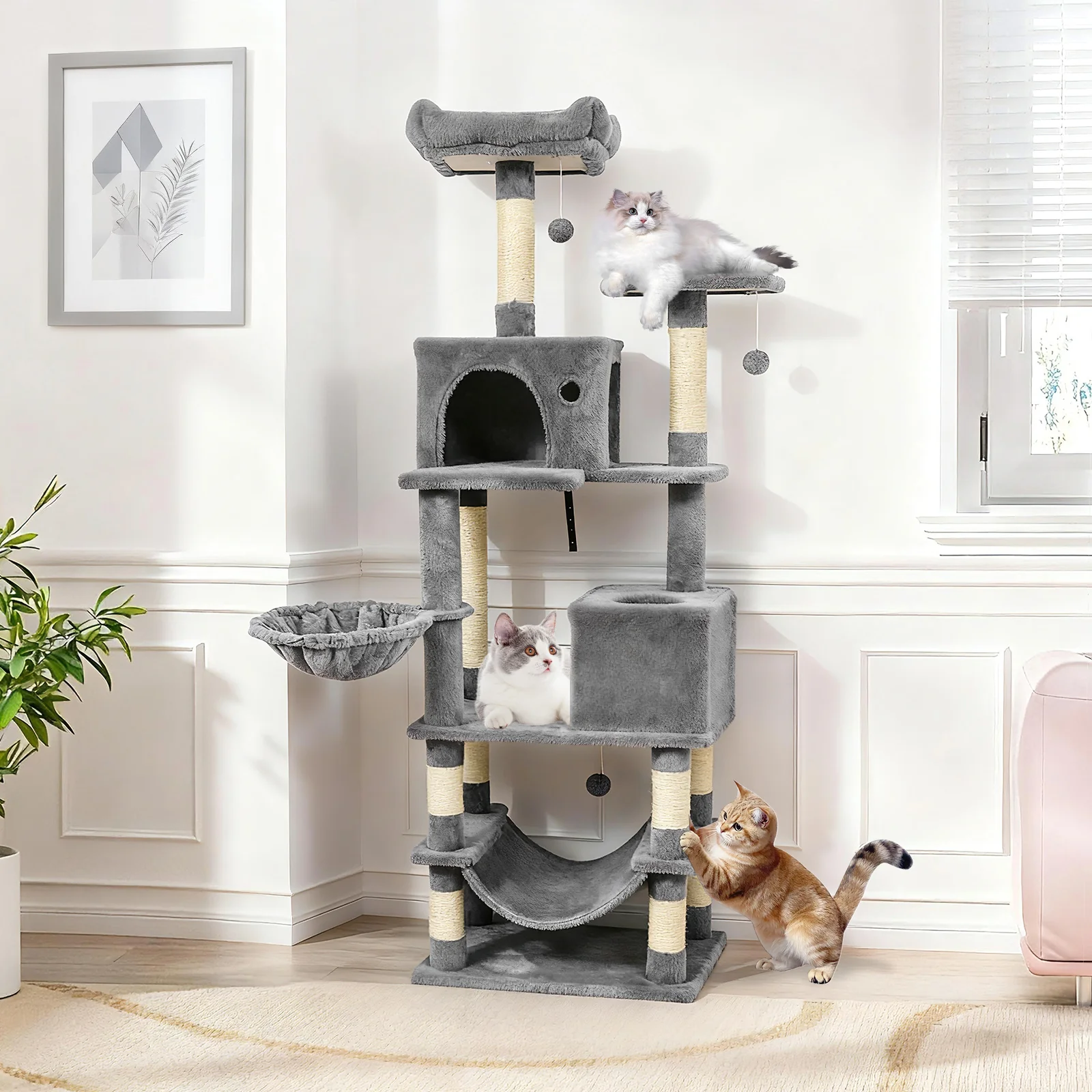 66 Inch Tall Cat Tree Multi-Level Cat Tower with 2 Condos Sisal Scratching Posts, Light Gray - Image 3